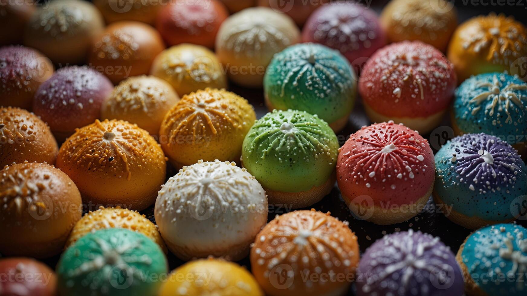 bright Japanese buns, top view, concept of sweets, baking. photo