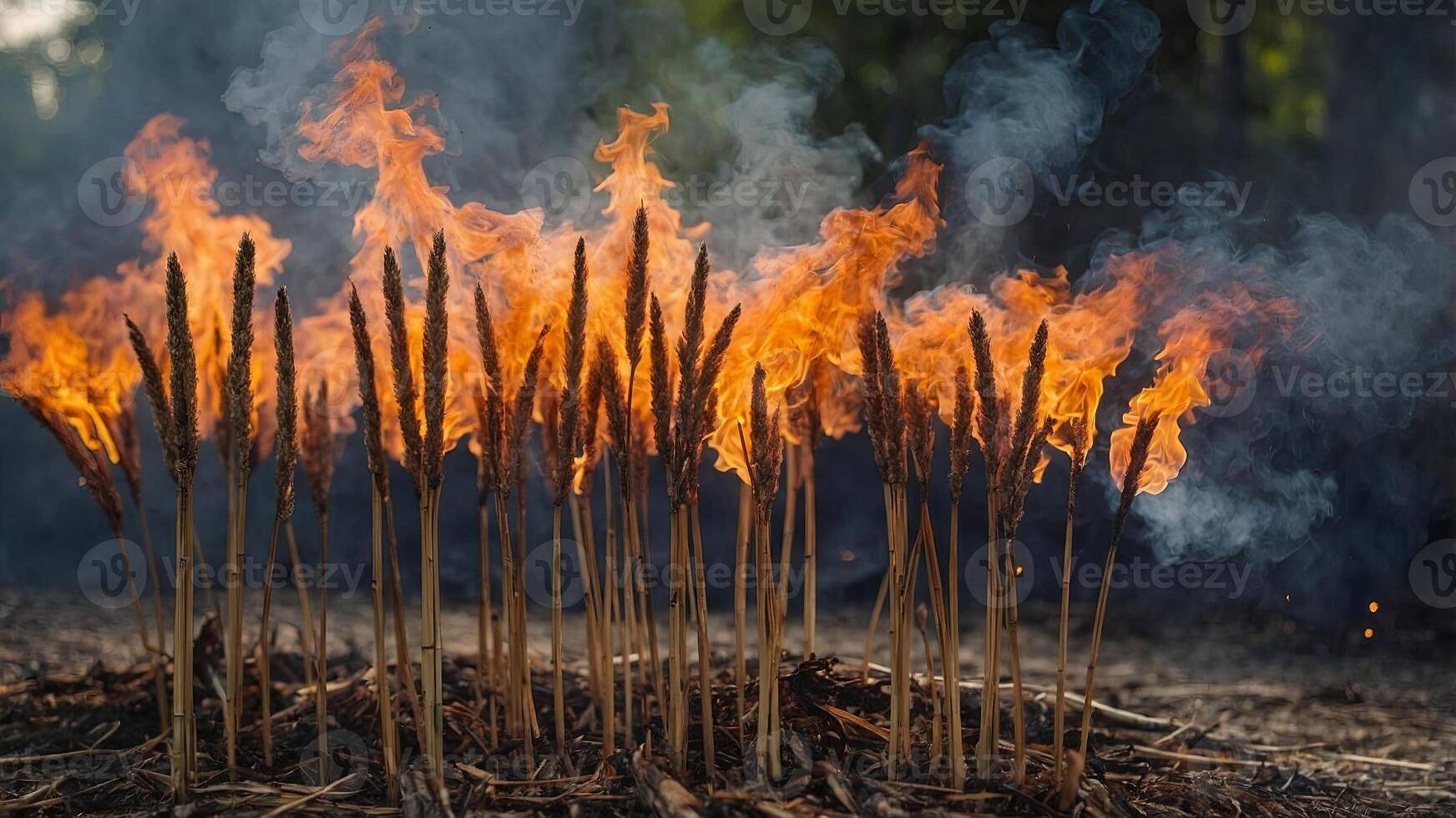Burning reed colonies creating flaming smoke. photo