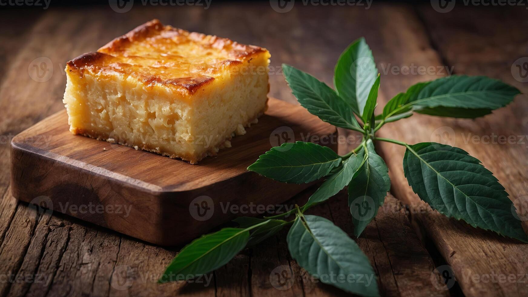 Cassava cake displayed with a wooden copy space image. photo