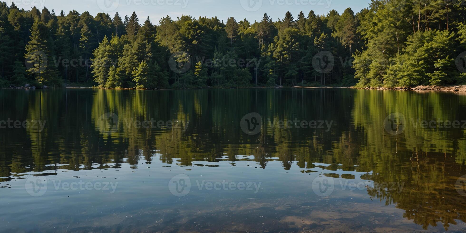 Calm lake with a forest reflection on a clear sunny day, panoramic view Nature tranquility and serenity concept. photo