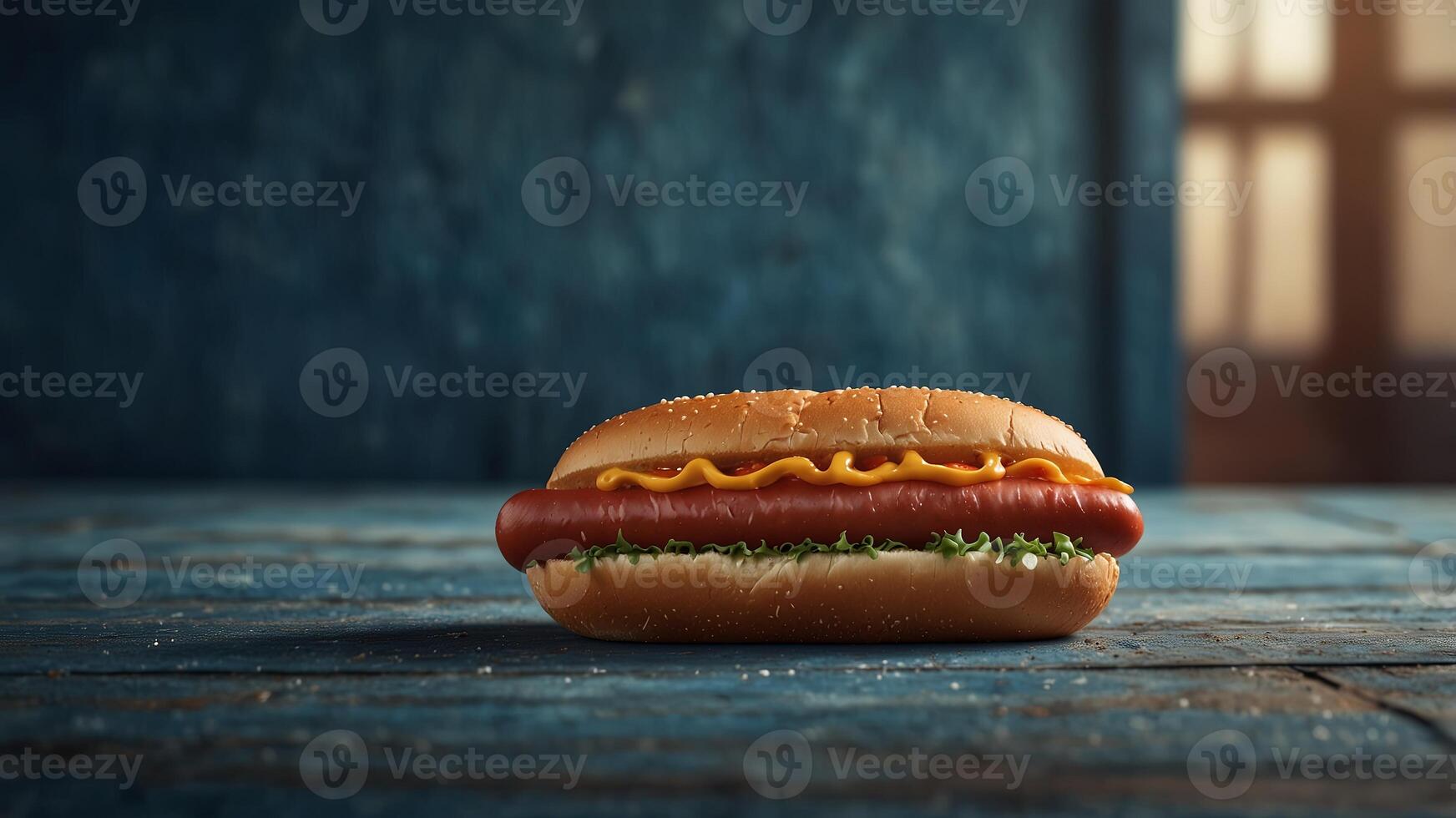 Delicious Hot Dog Sandwich on blue wooden table Favorite Fast Food. photo