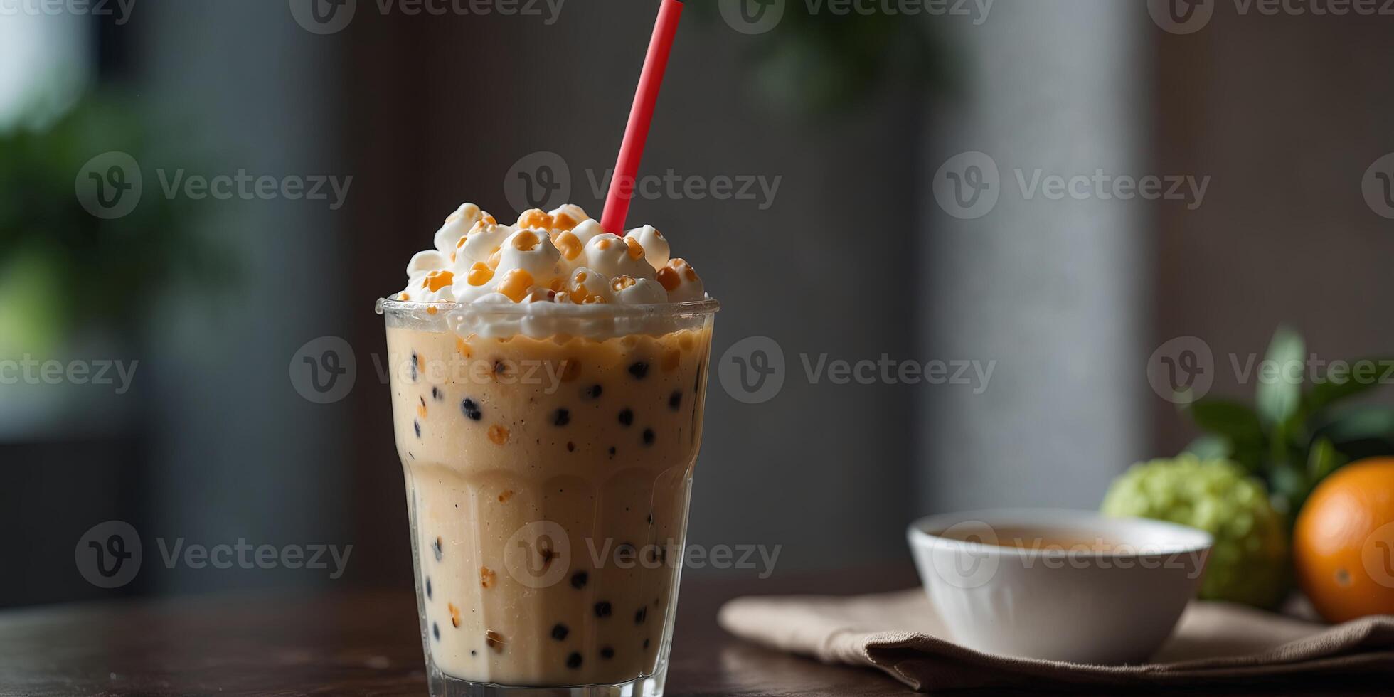 Delicious tapioca in a bubble milk tea with ice shown in a copy space image. photo