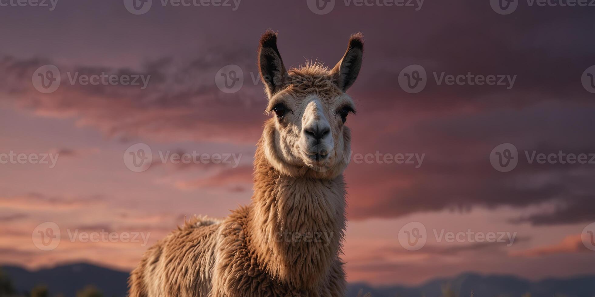 Dignified llama with a serene expression under pink sky. photo