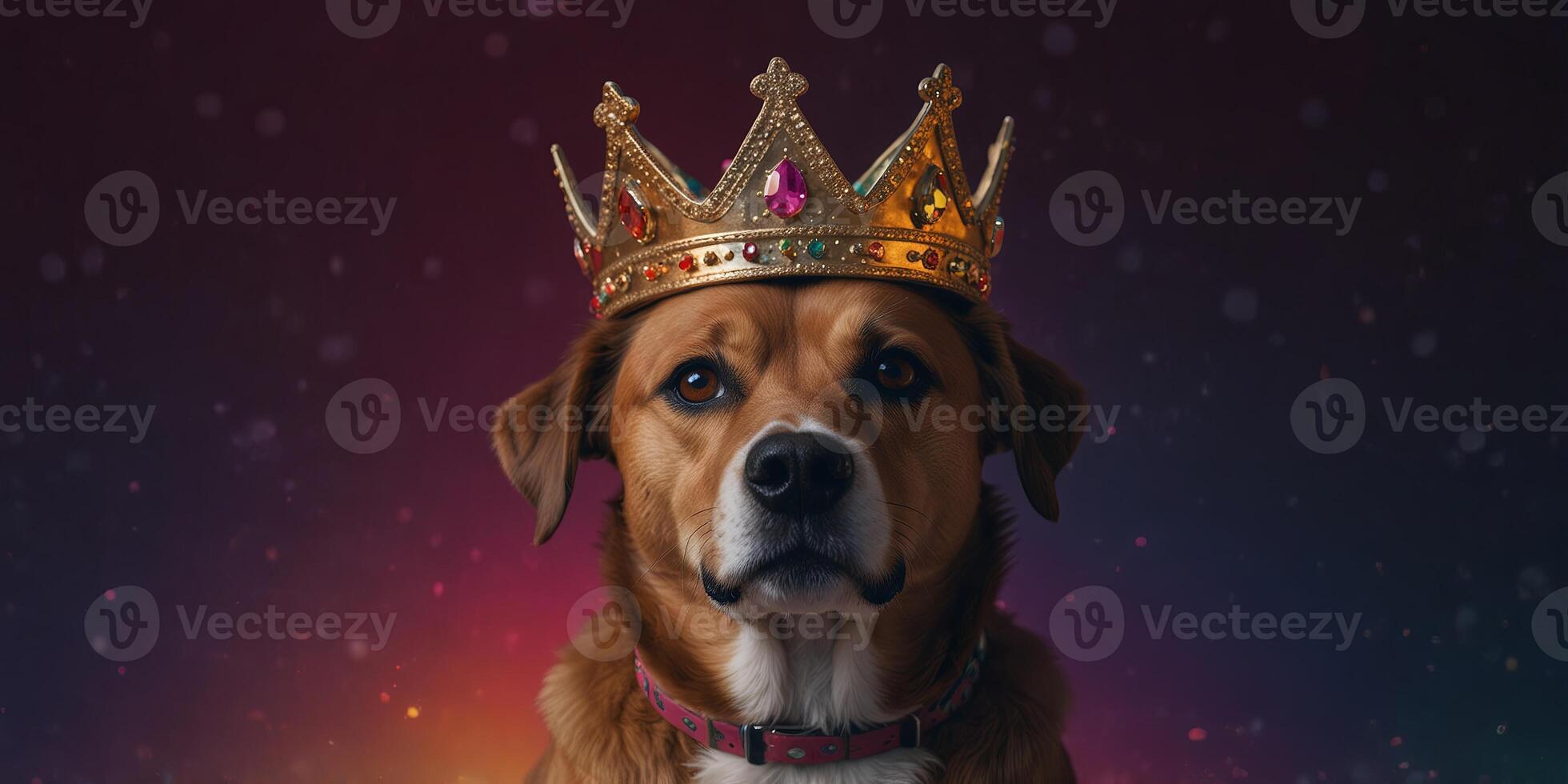 Dog with neon crown on colorful gradient background, playful concept. photo