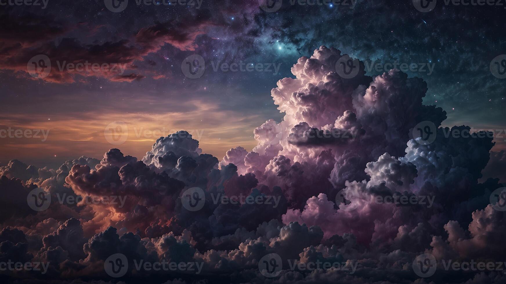 Dreamy celestial landscape with glowing purple and blue clouds. photo