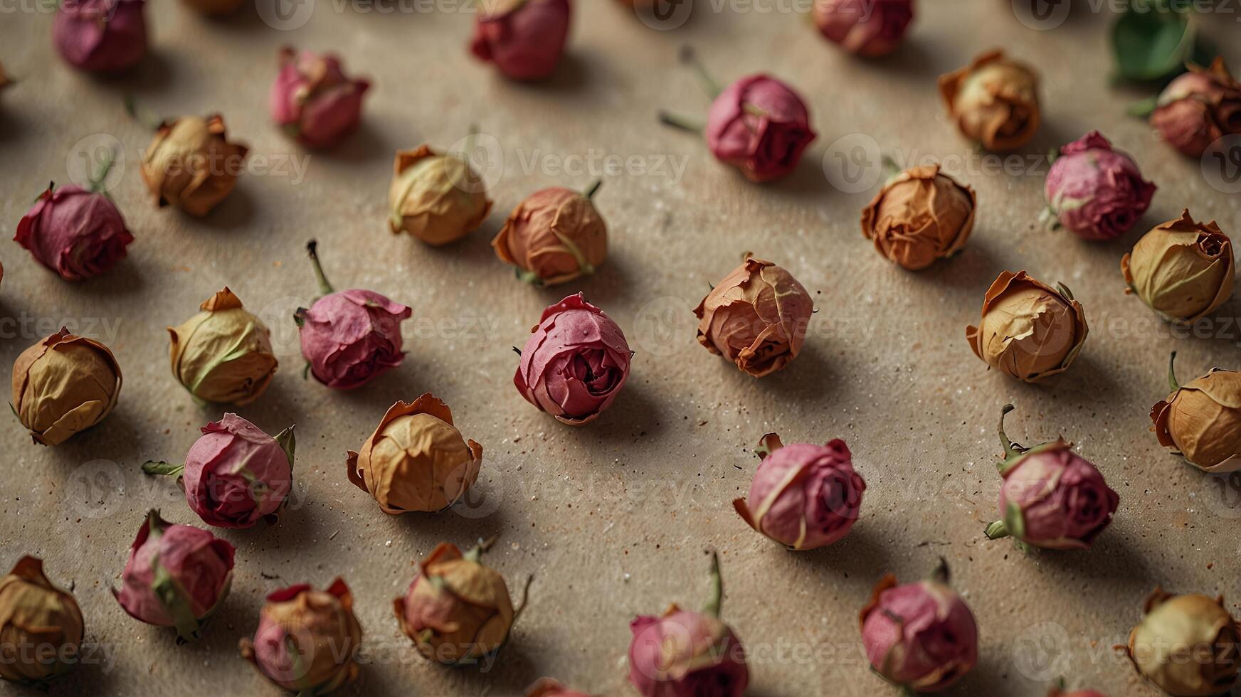Dry rosebuds arranged on a beige background, flat lay Vintage botanical concept. photo