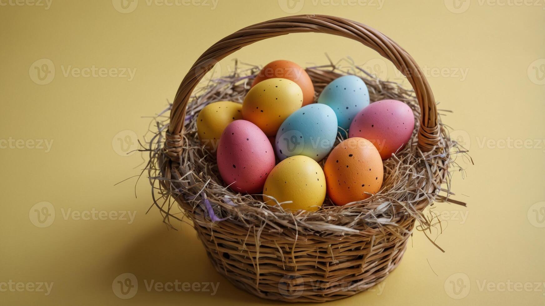 Easter traditions Brightly colored Easter eggs in a basket on a yellow background top view with copyspace. photo