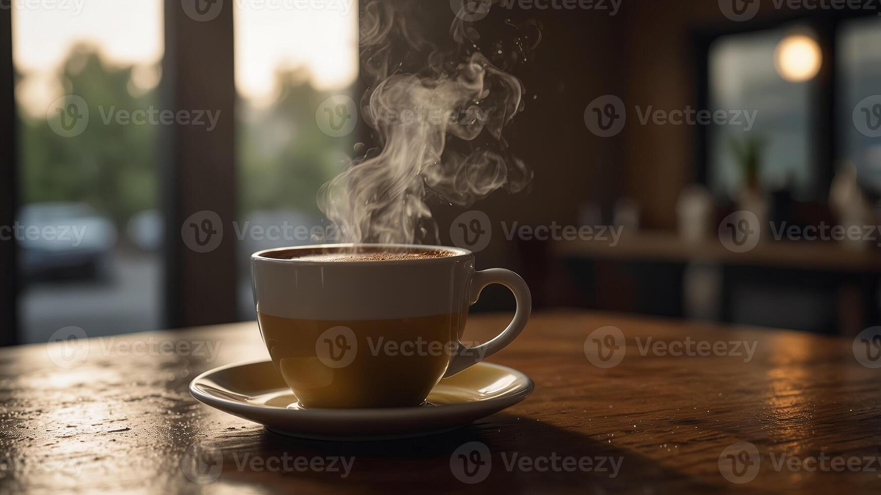 Enjoying morning coffee with steam rising in a copy space image. photo