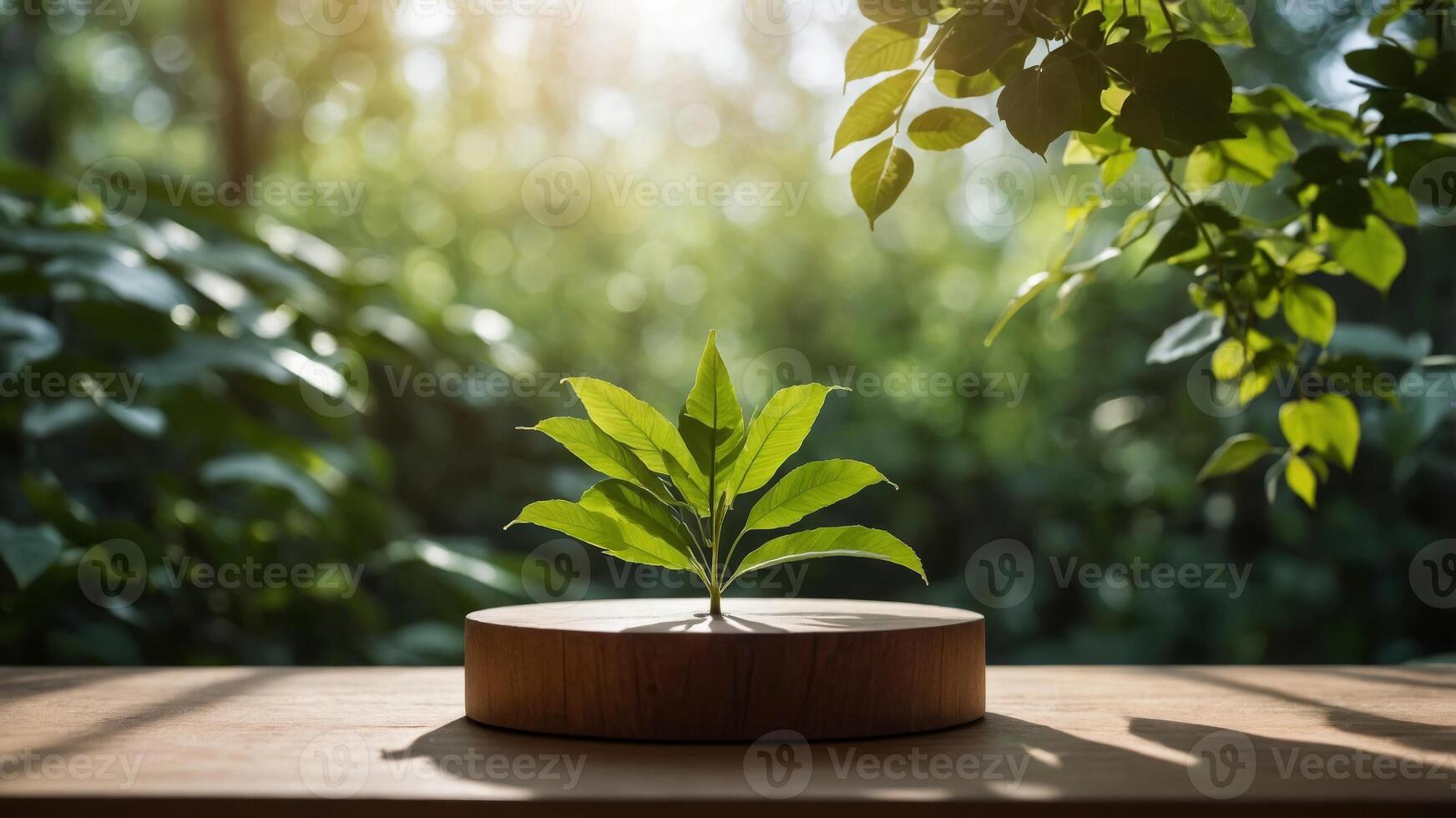 Wooden pedestal with green leaves and sunlight shadows, minimalistic nature background Eco-friendly and natural product display concept. photo