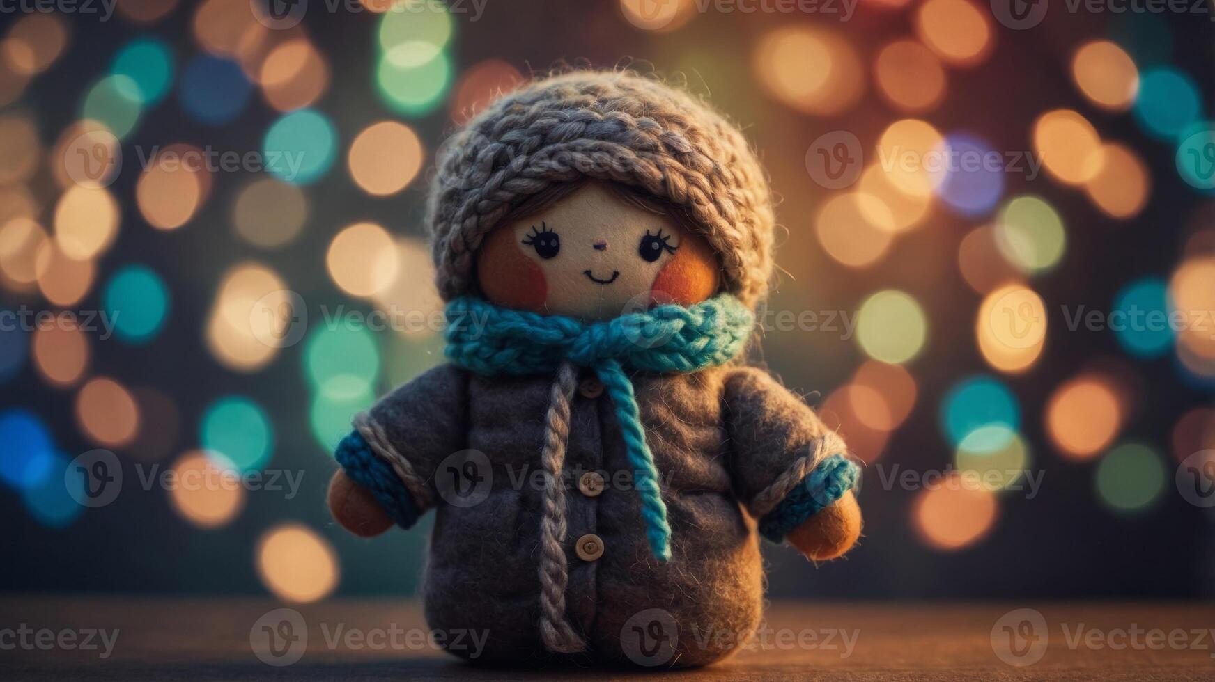 Wool felt doll with colorful bokeh background. photo