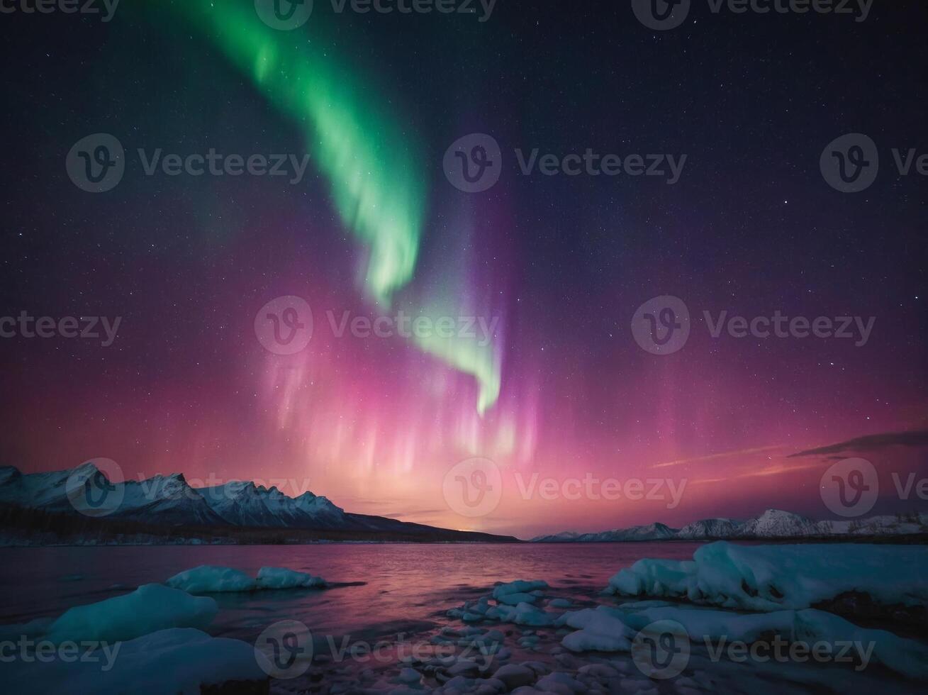 An oval frame of northern lights displaying vibrant purples and pinks highlighting an inspirational quote about dreams and exploration. photo