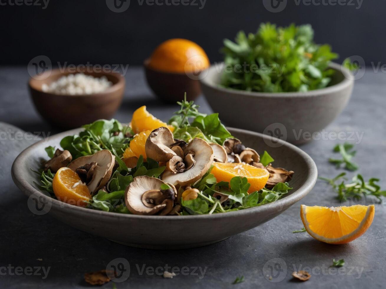 A light and refreshing salad features a unique combination of foraged mushrooms and citrus fruits creating a burst of flavors in every bite. photo