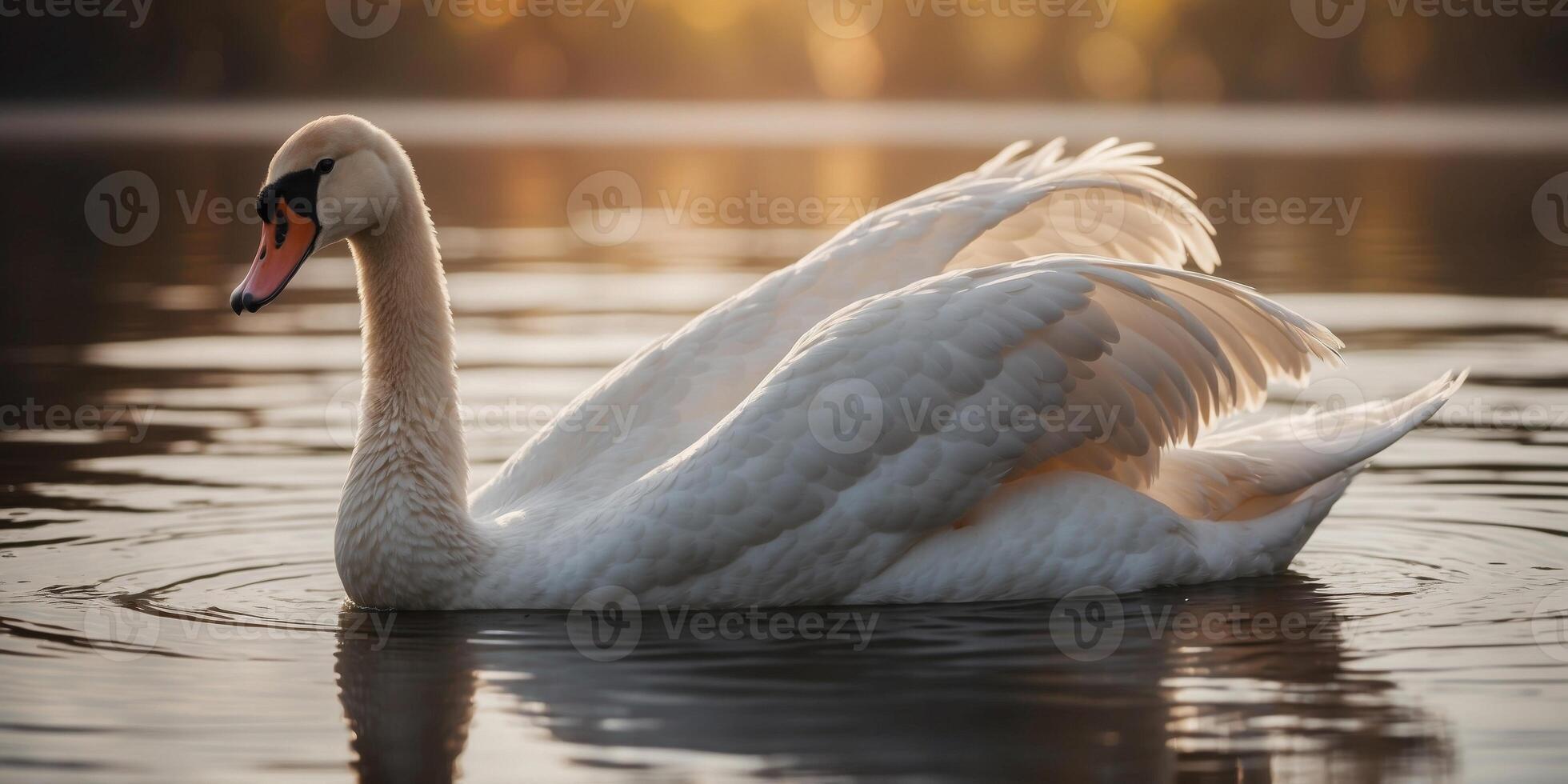 A serene swan glides gracefully across the still waters of a lake, its feathers shimmering in the warm sunlight. photo