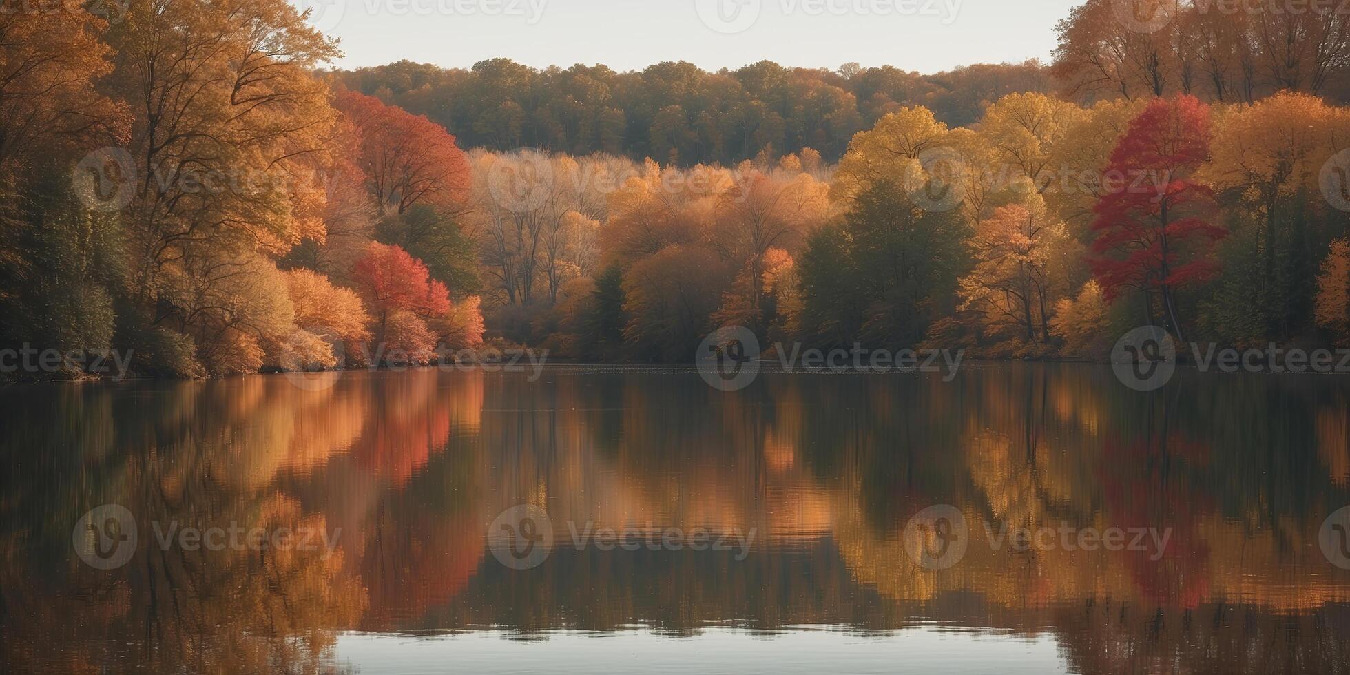 Serene lake surrounded by autumn foliage, mirror-like reflection, tranquil. photo