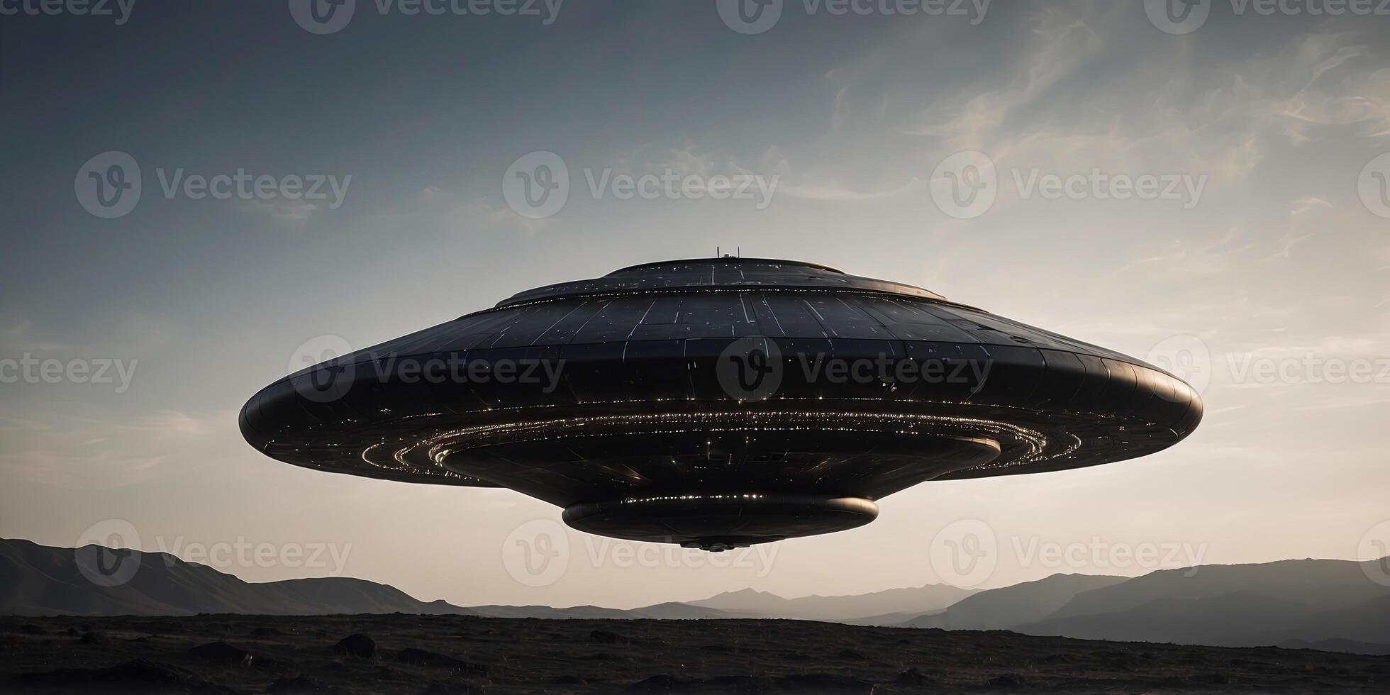 A huge black spacecraft floating in the sky, UFO alien ship. photo