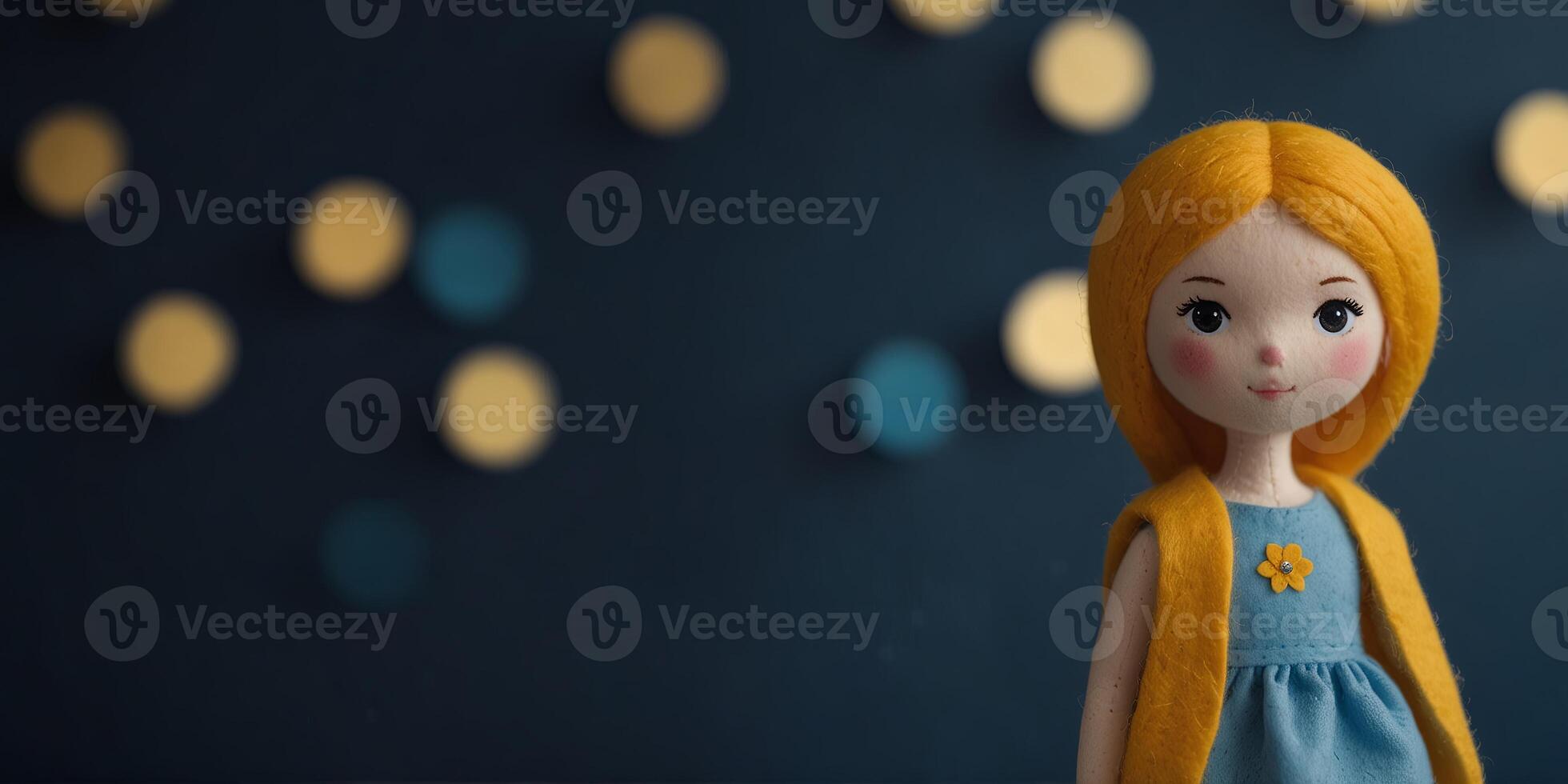 Cute felt doll with yellow dress on blue background. photo