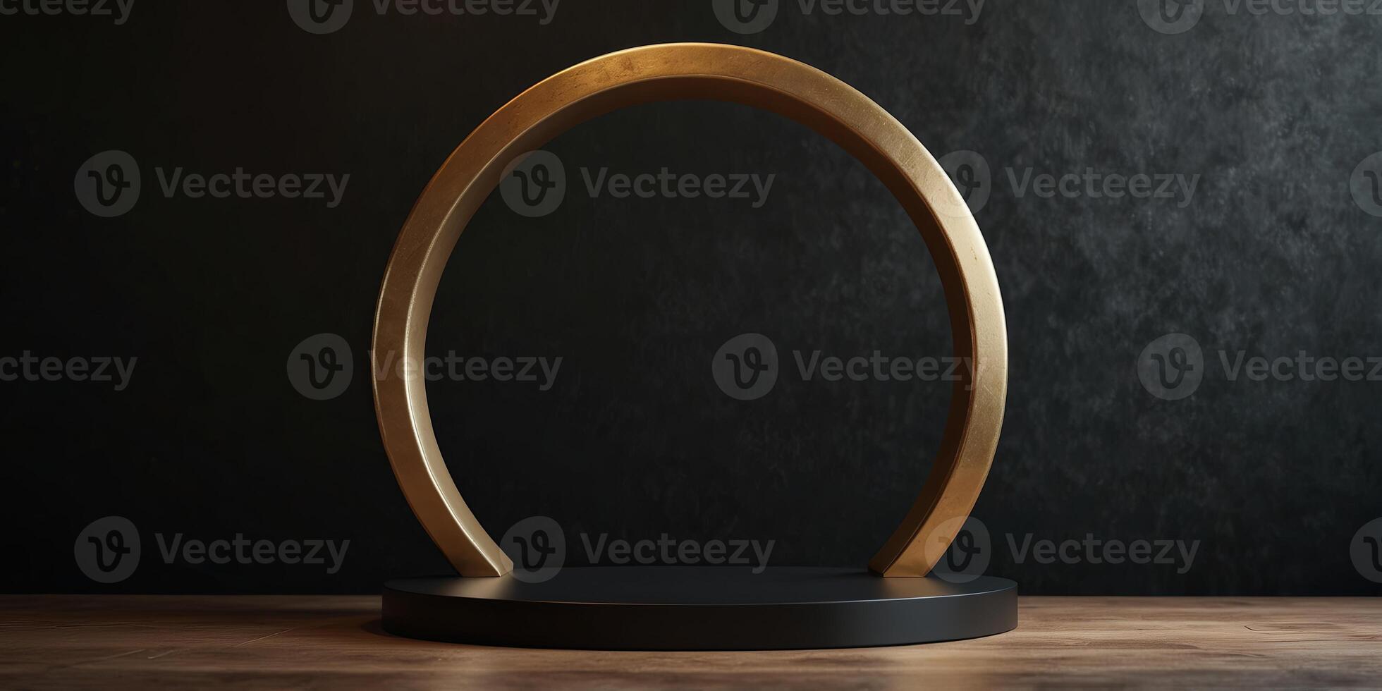 Black room with round podium and luxury gold arch. photo