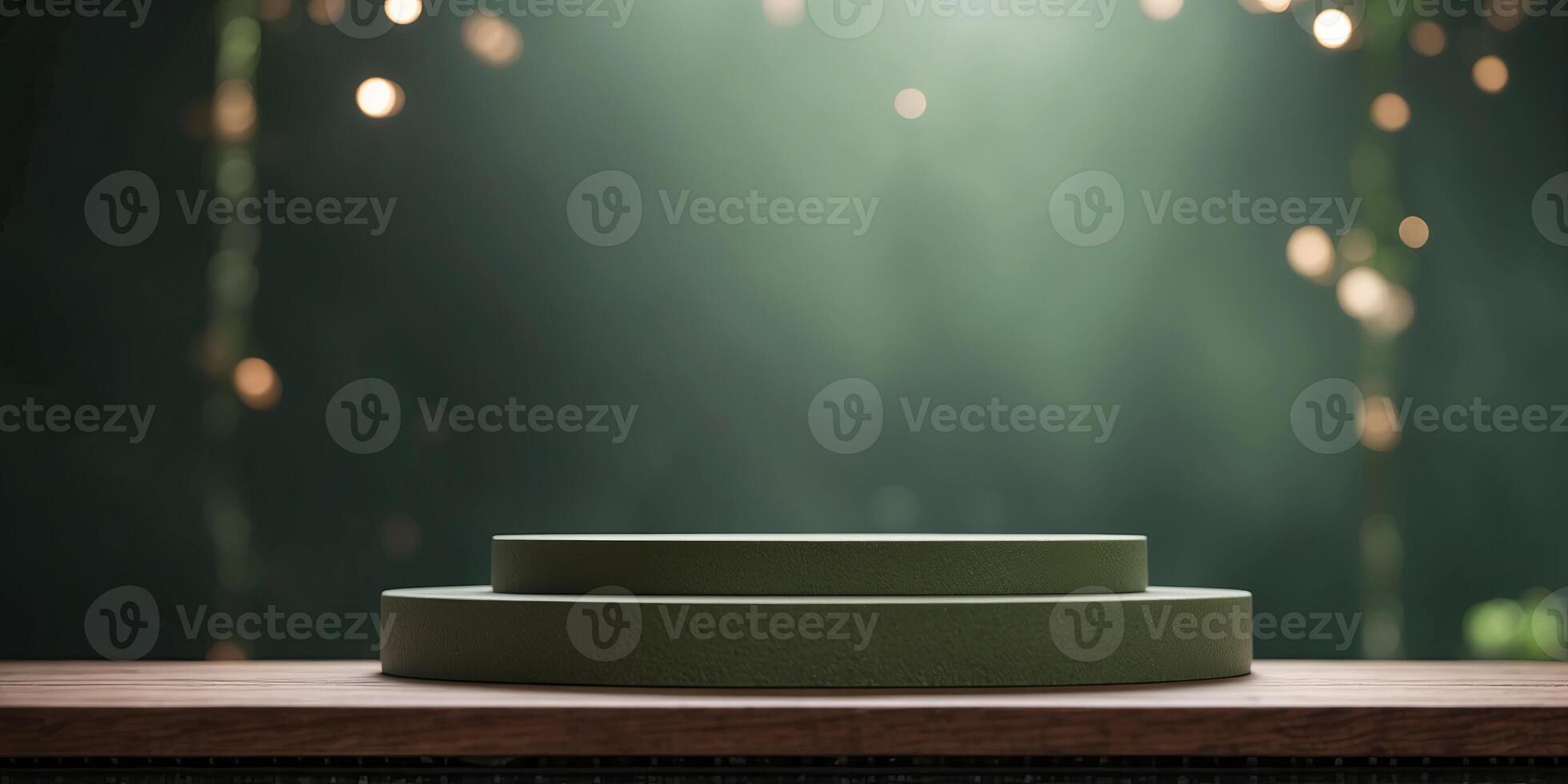 Front view of geometric podium decorated in green background with blank space Abstract background. photo