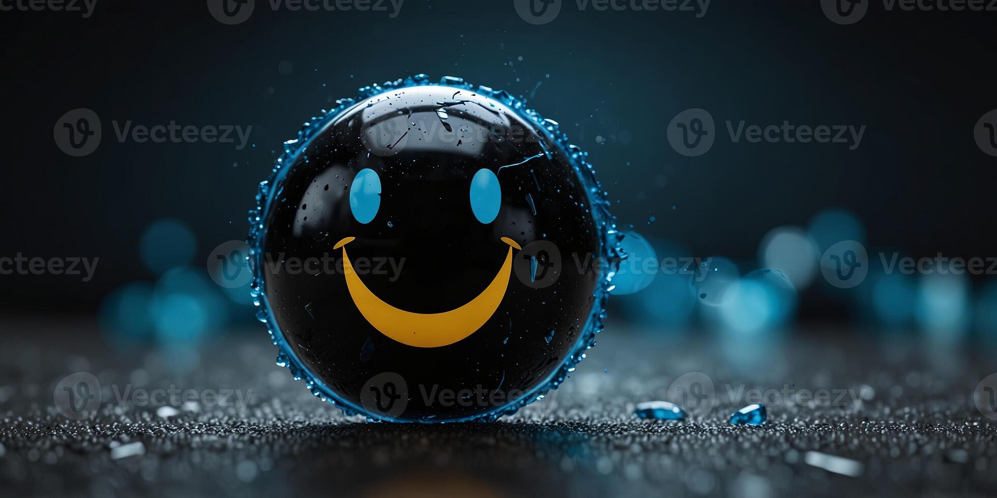 black blue glass shattered from a circular impact point smiley face at the centre of the impact long cracks radiate outward. photo