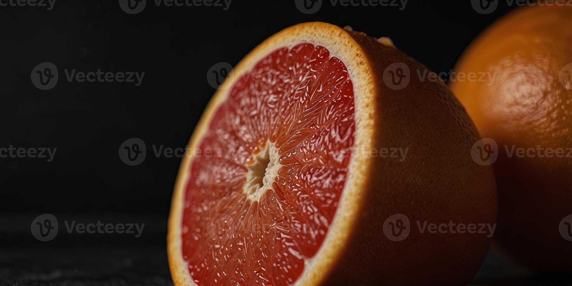 Black background showcases grapefruit slice with unobstructed copy space image. photo