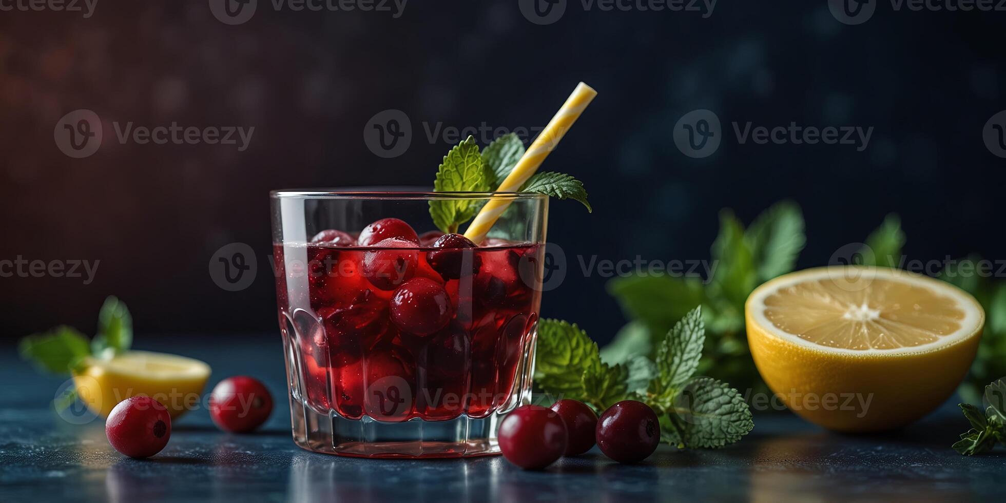 Festive cranberry drink with mint and lemon on dark blue background. photo