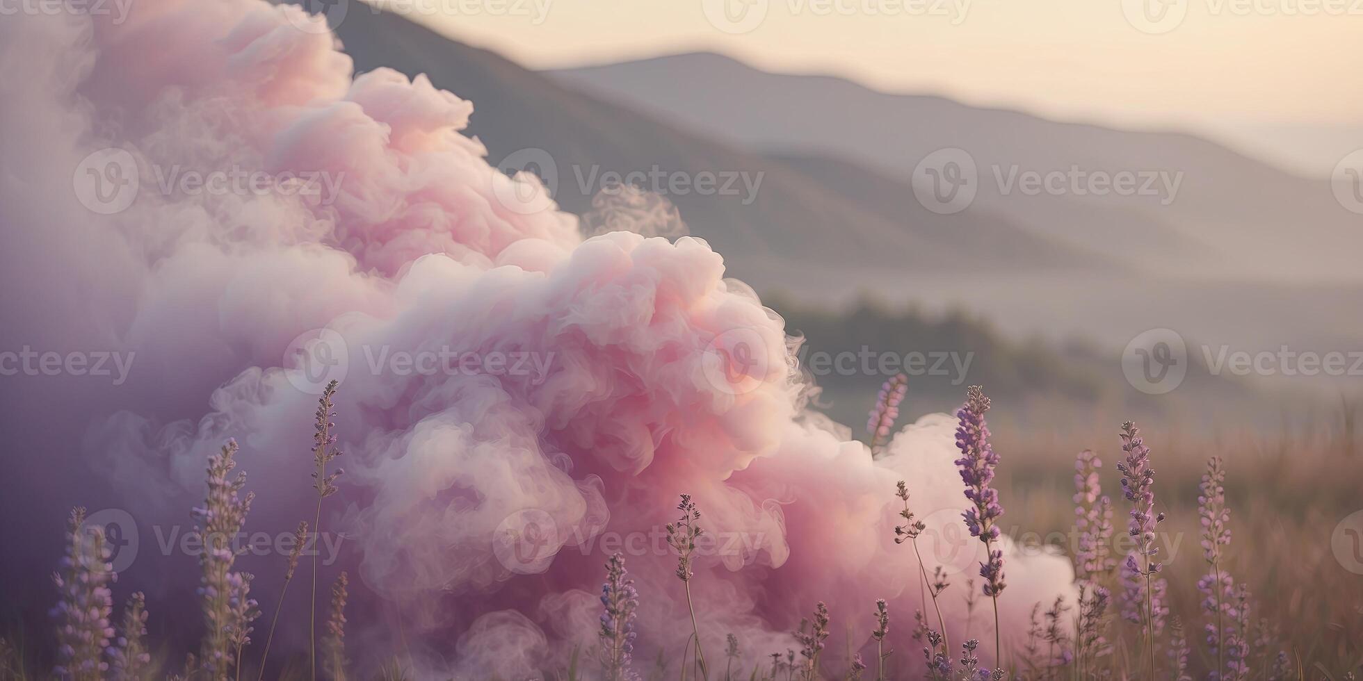 Soft billowing clouds of pink and lavender smoke envelop a peaceful landscape in this dreamy smokescape scene. photo