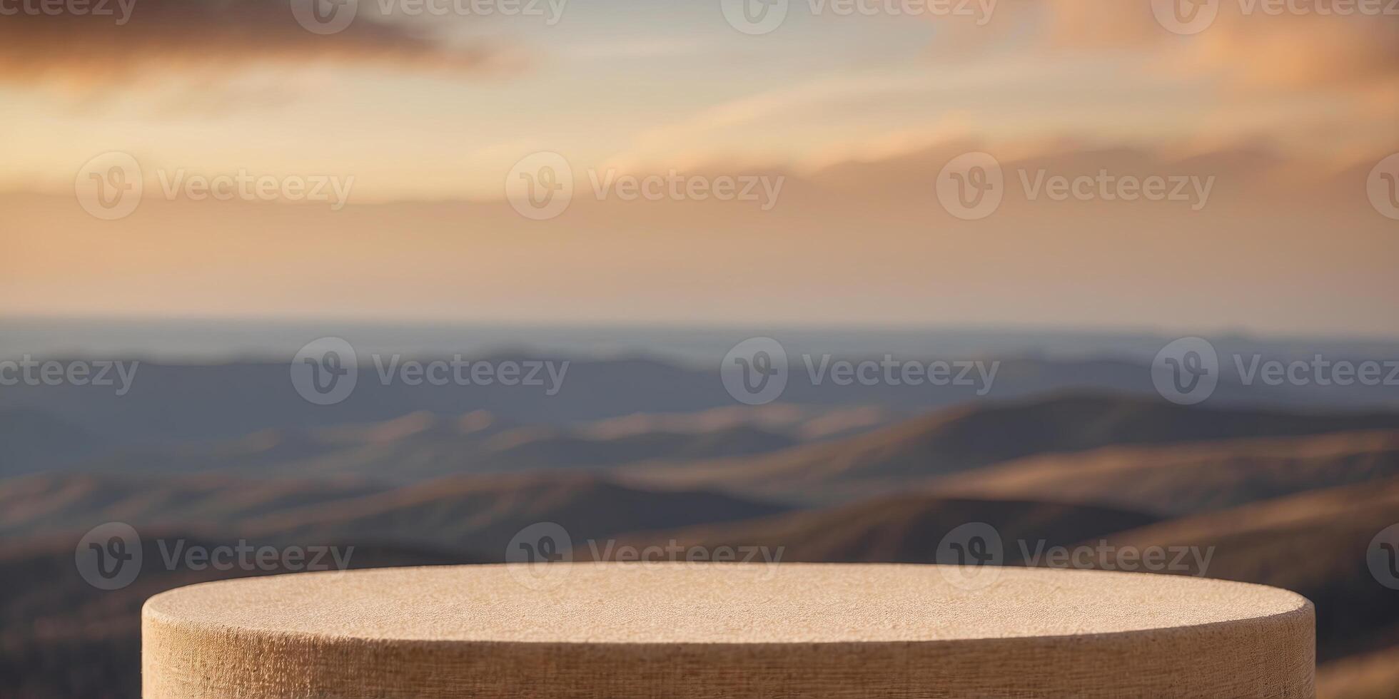 round beige podium with beanutiful sky ant banckground in delicante panstel golden brown tones. photo