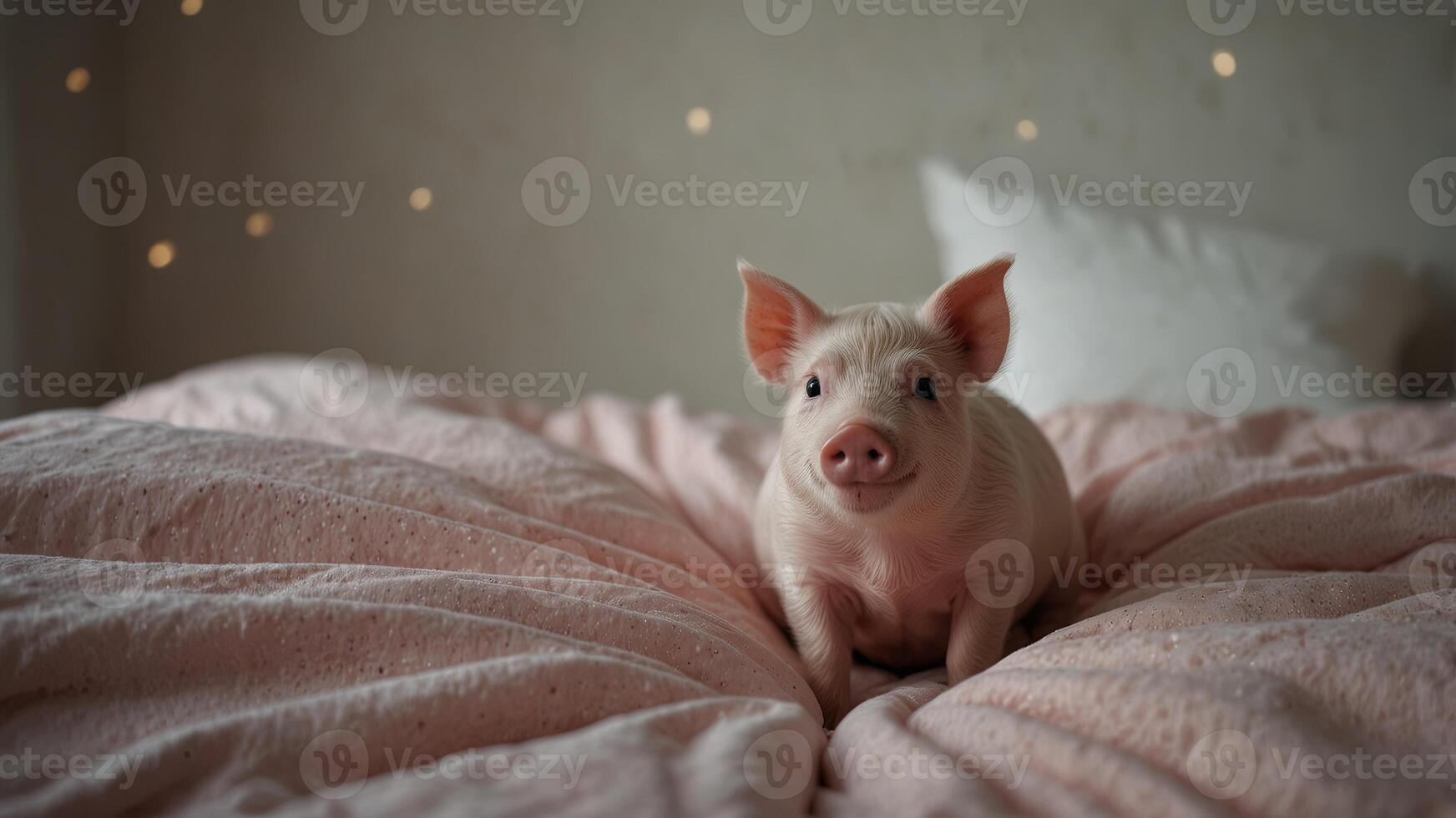 cute pink mini pig at the bedroom on the bed. photo