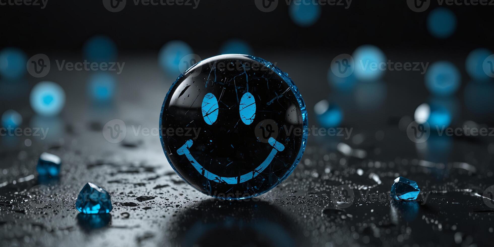 black blue glass shattered from a circular impact point smiley face at the centre of the impact long cracks radiate outward. photo