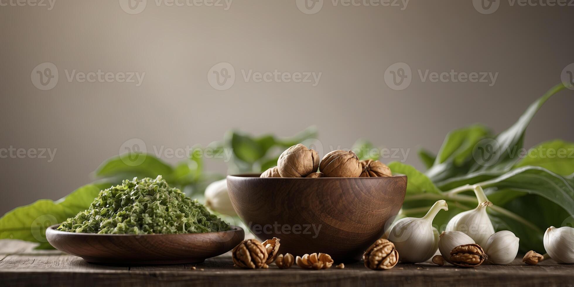 A mortar and pestle filled with wild garlic and walnuts the key ingredients for a flavorful pesto sauce. photo
