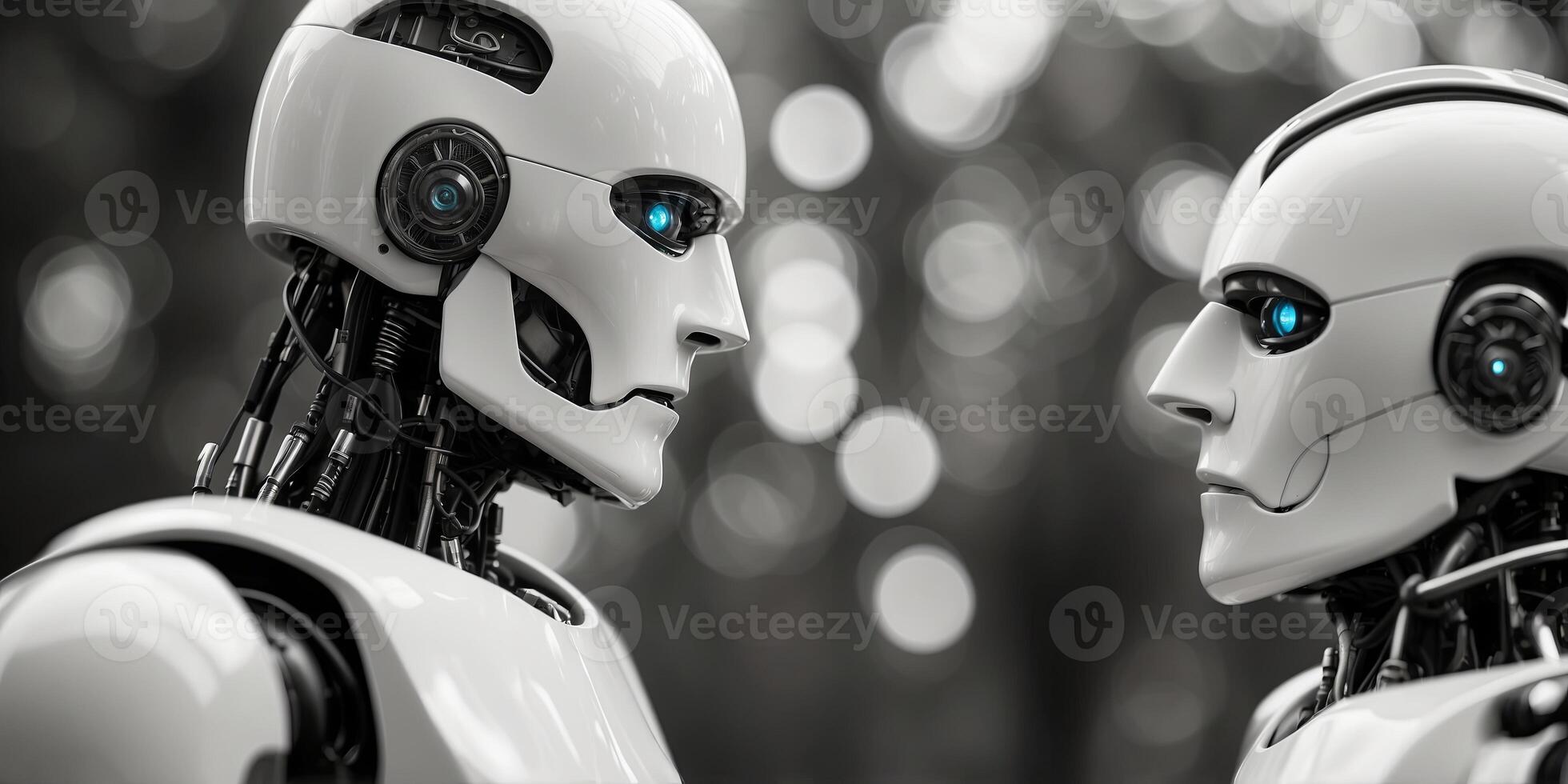 Two robots black and white about to confront each other. photo