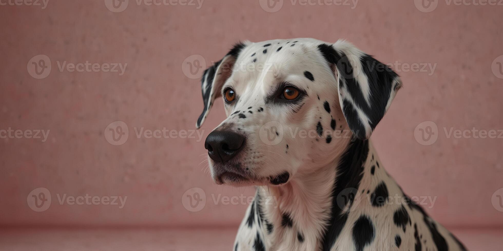 Dalmatian dog with long pink eyelashes on pink background. photo