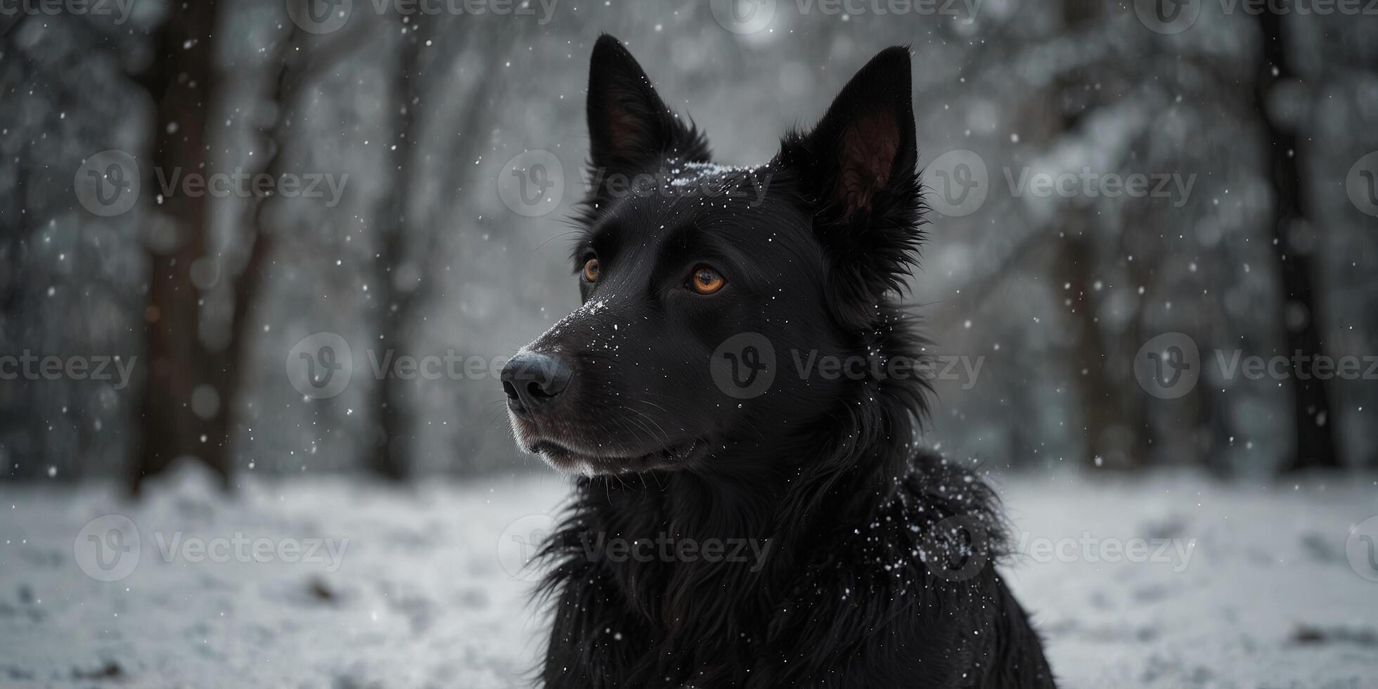 Black dog with snowy fur gazing into the distance, close-up winter shot Serene and contemplative concept. photo