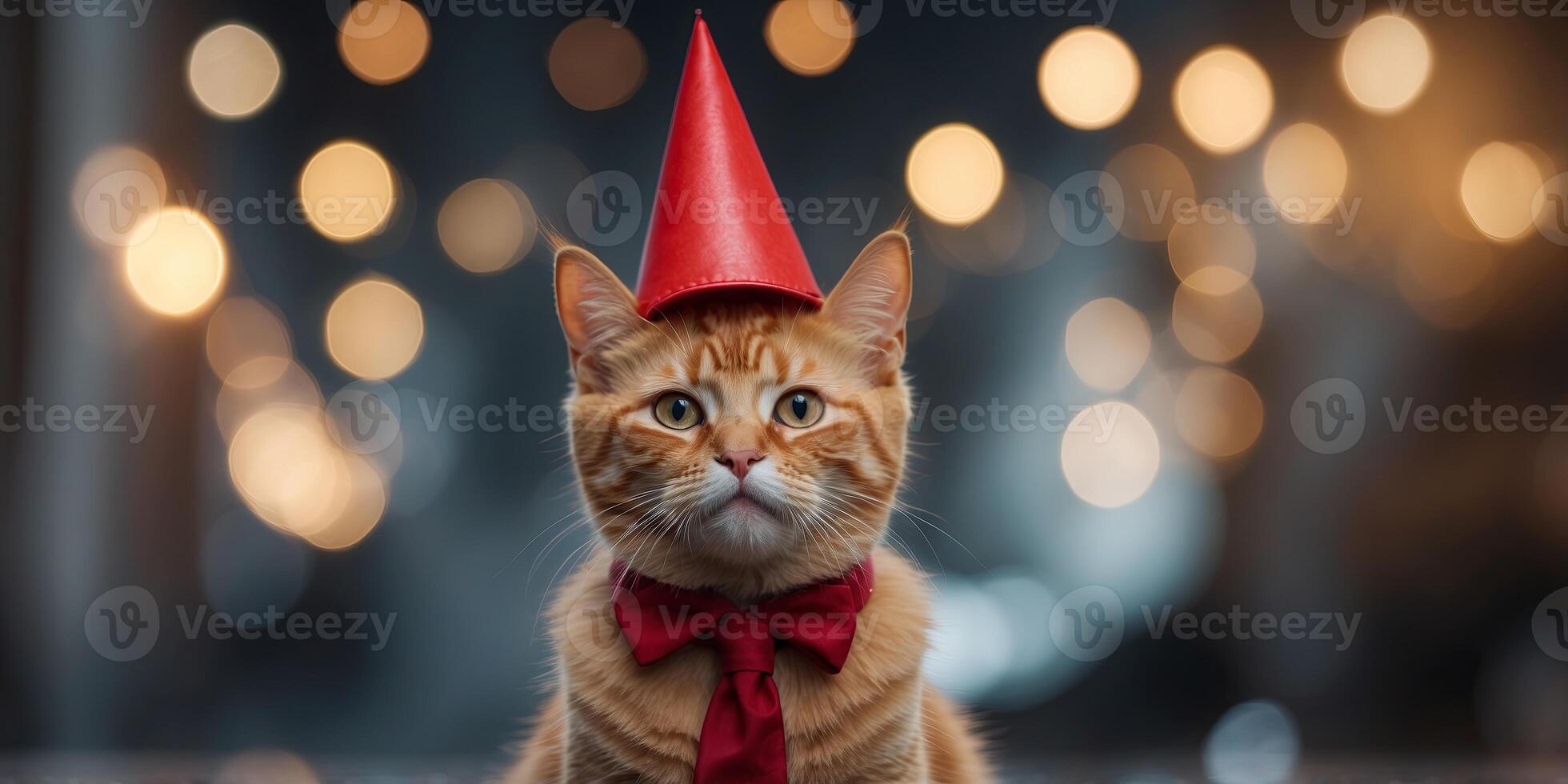 Funny red cat dressed in a festive suit and a clown hat. photo