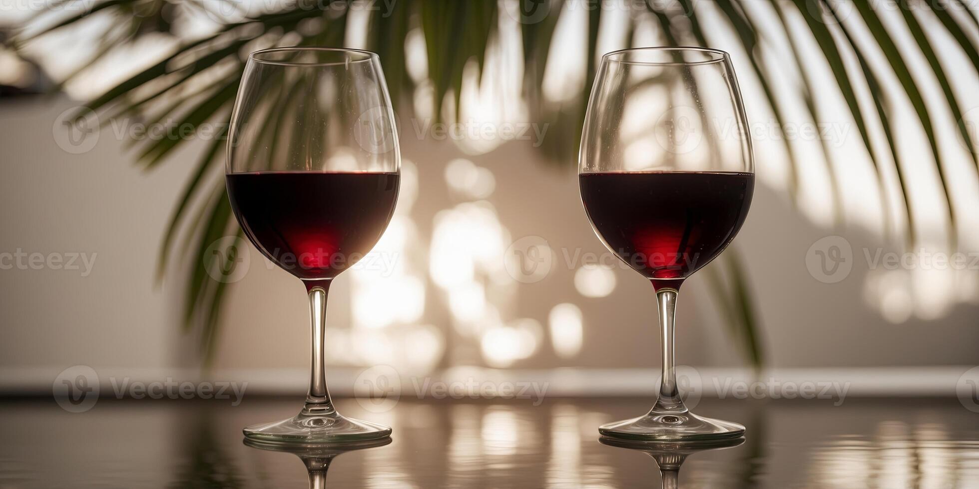 Two glasses of red wine with a shadow of a palm leaf Valentine's Day or Love concept. photo