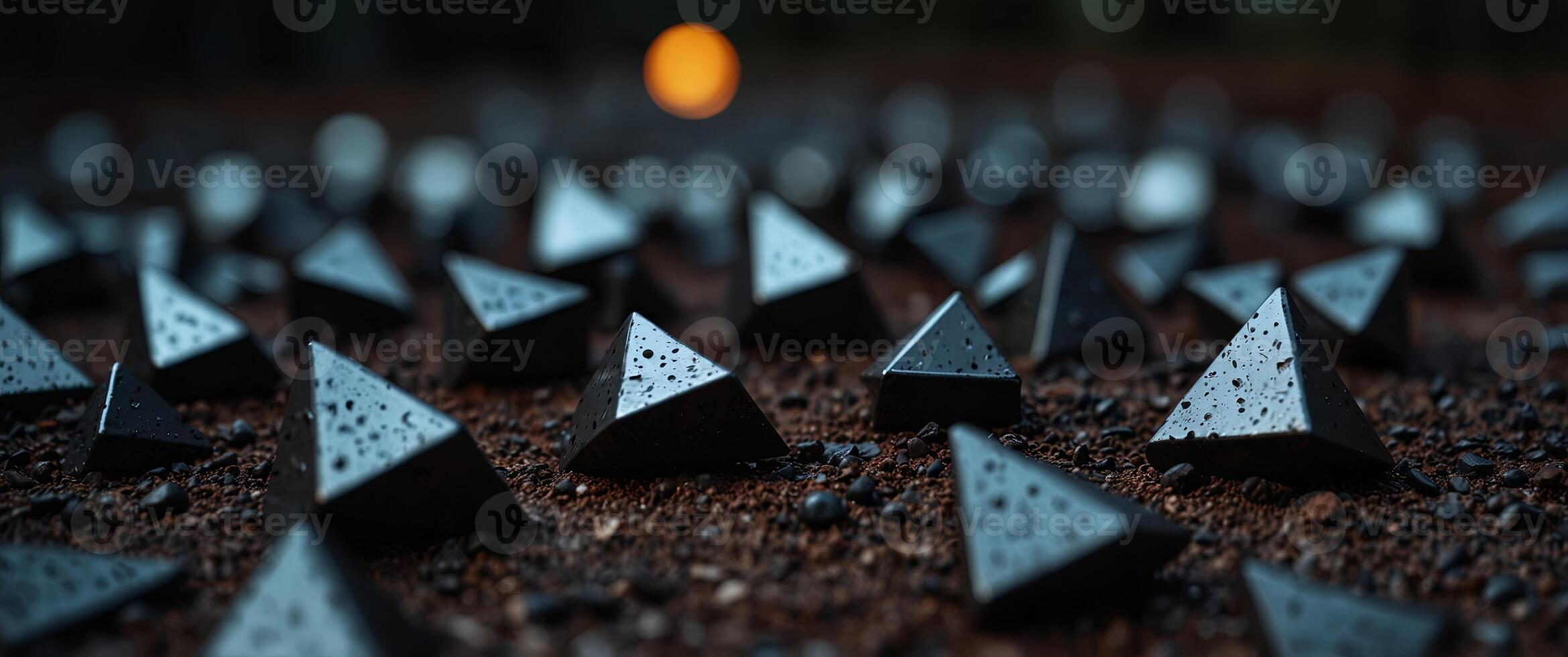 Dark, sharp, triangle-shaped pieces of metal scattered on the ground. photo