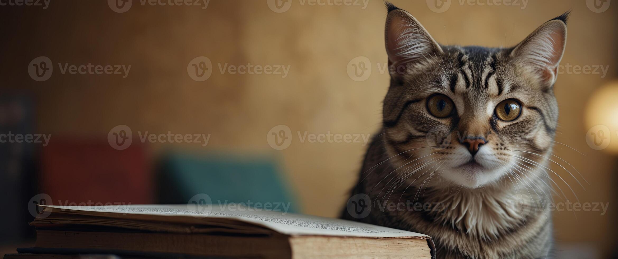 Funny amazed cat in glasses with a book on the background. photo