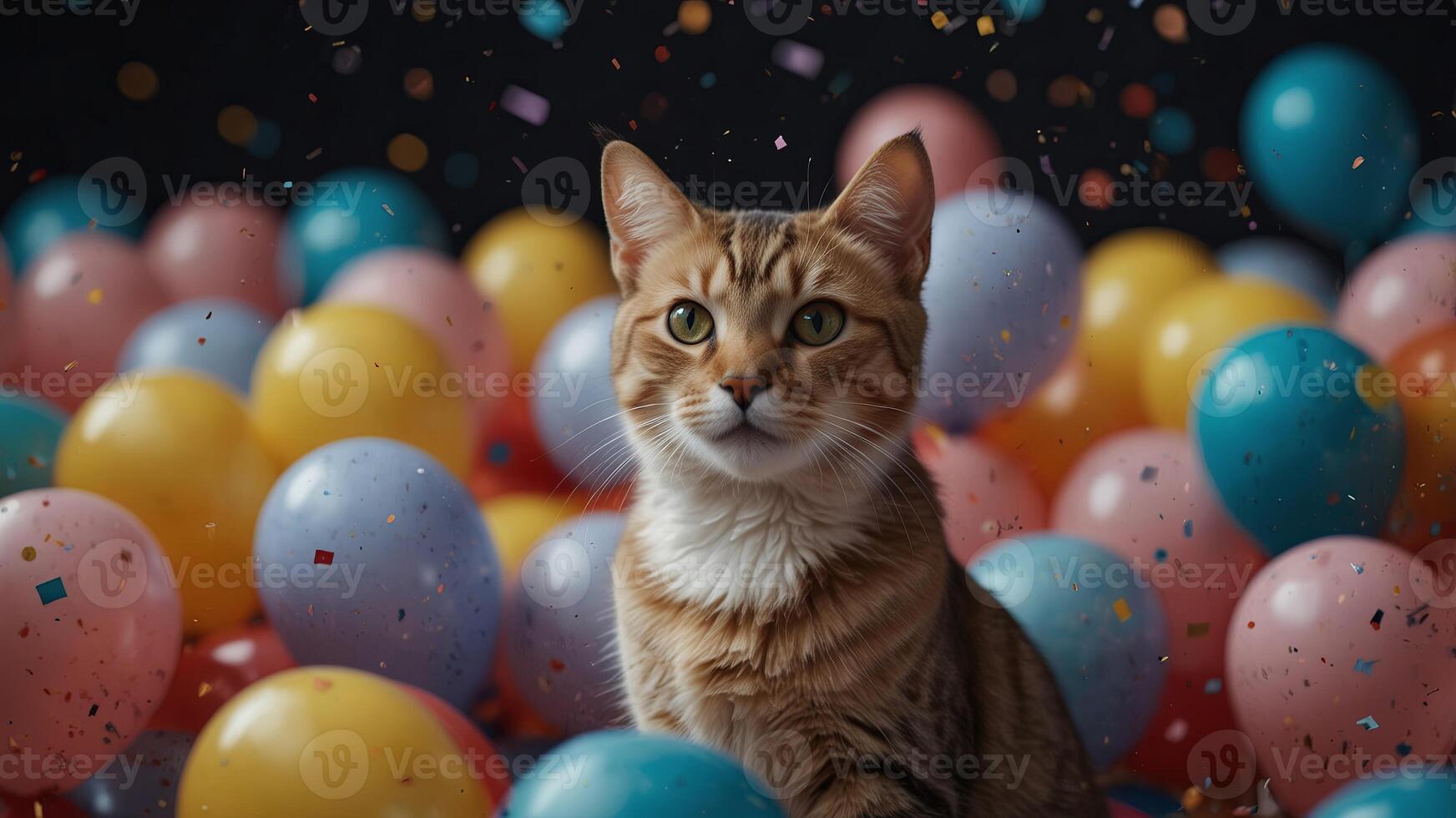 A cat is surrounded by balloons and confetti. photo