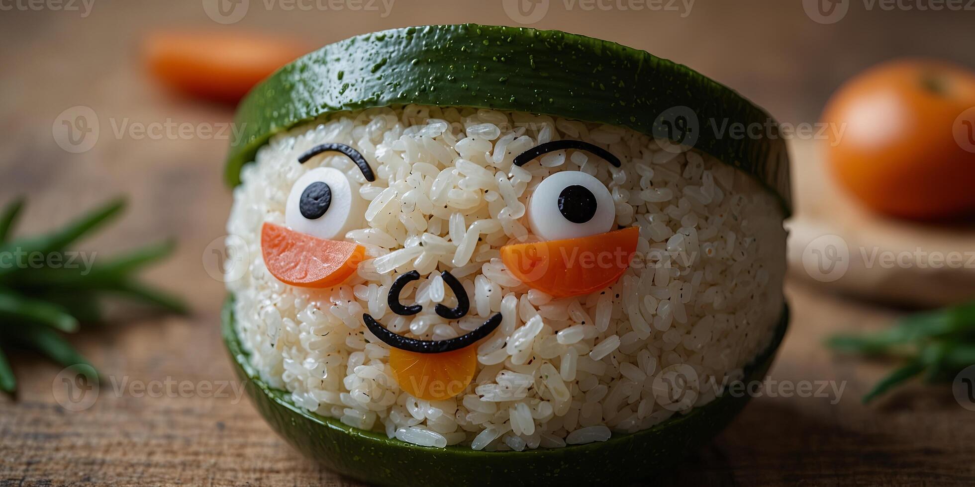 Cute rice dish with face and vegetable garnish. photo