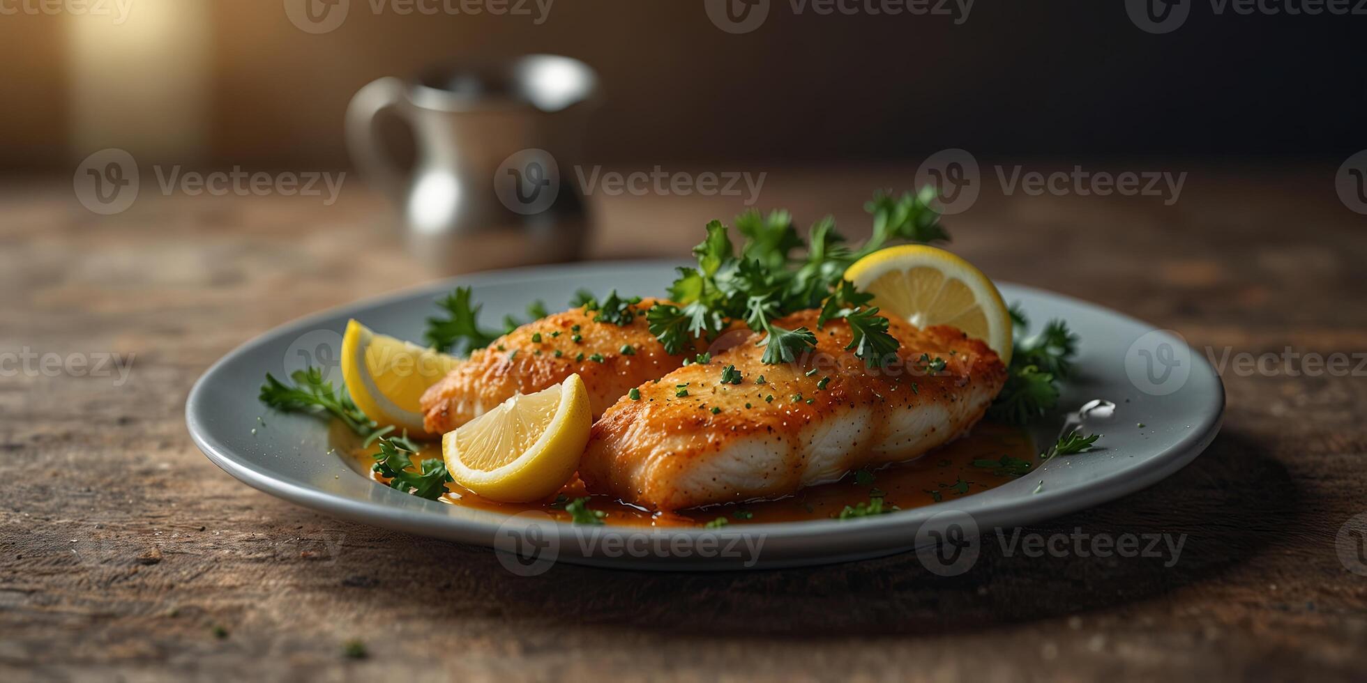 Battered fish with lemon ketchup and parsley on plate. photo
