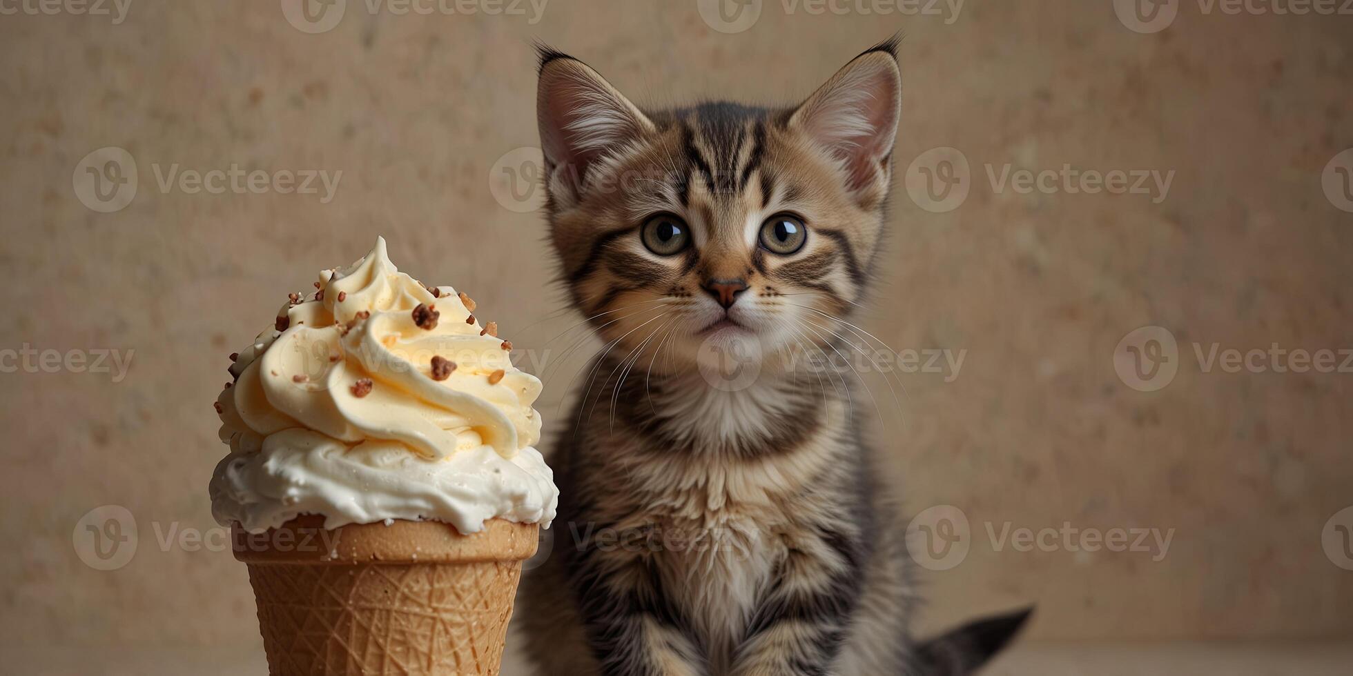 Cute kitten in ice cream cone on beige background Adorable animal and whimsical concept. photo