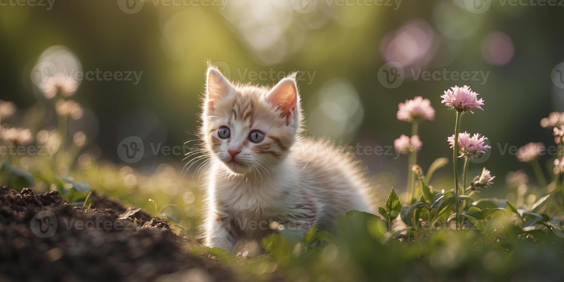 A tiny kitten exploring a garden for the first time. photo