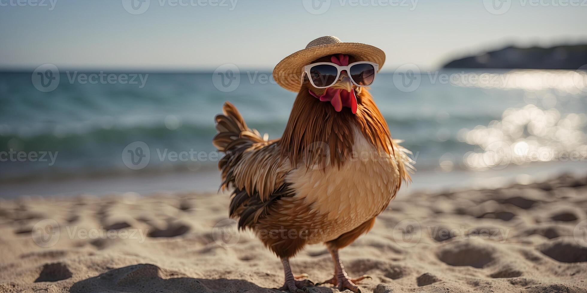 Funny rooster in a straw hat and sunglasses on the ocean shore. photo