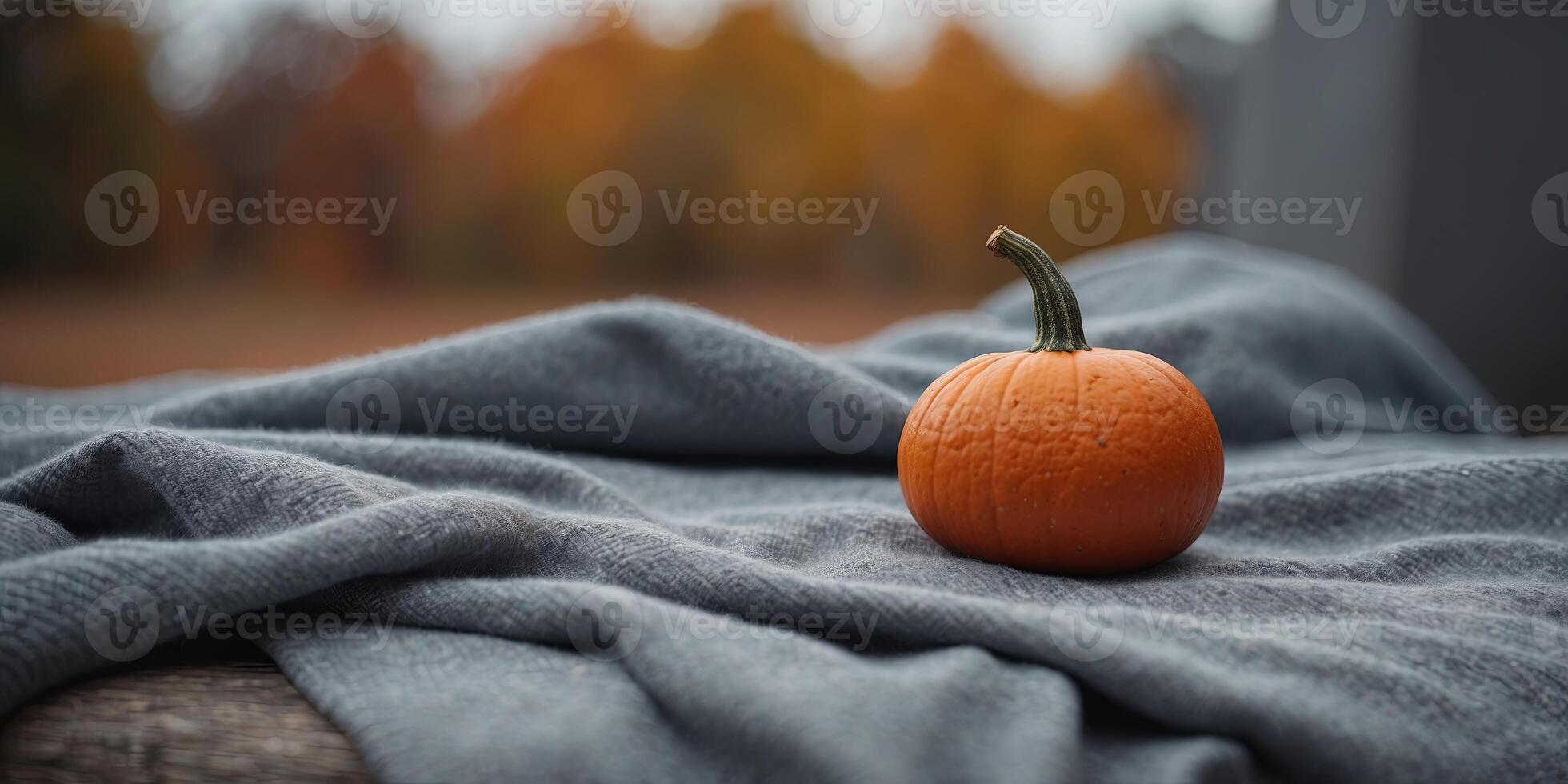 a modern autumn scene with a pumpkin placed on a blue-grey blanket with copy space. photo