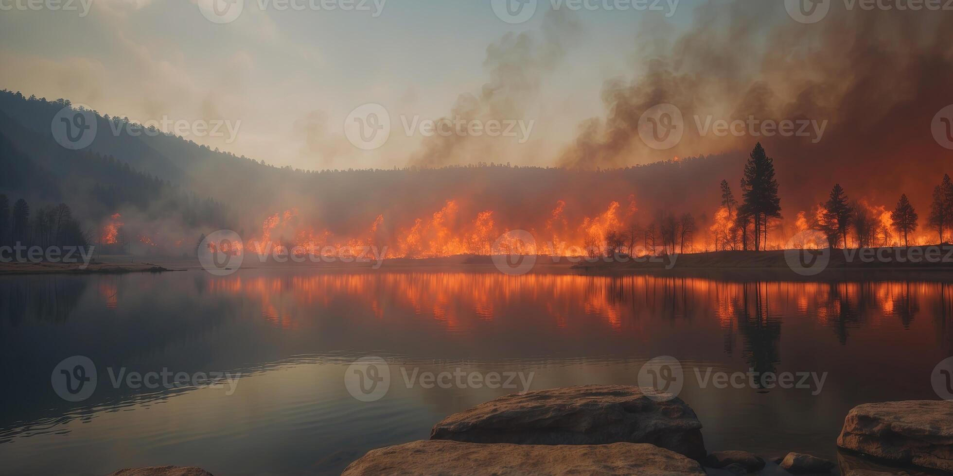 A pilot's view of a wildfire burning near a lake. photo