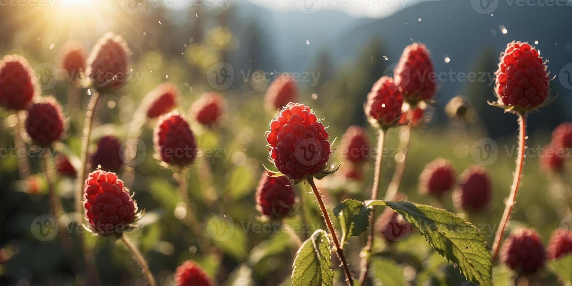 The suns rays dance off the juicy deep red raspberries that grow in abundance in the alpine meadows. photo