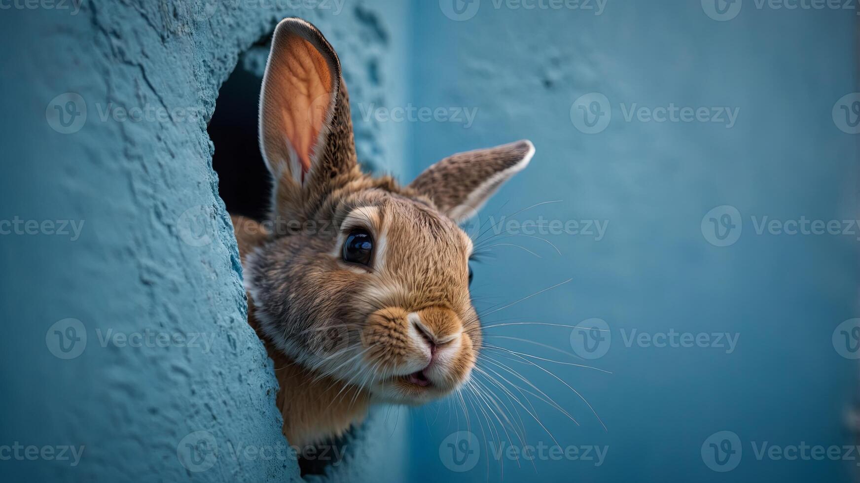 Curious rabbit peeking through a hole in a blue background, close-up Cute animal and playful concept. photo