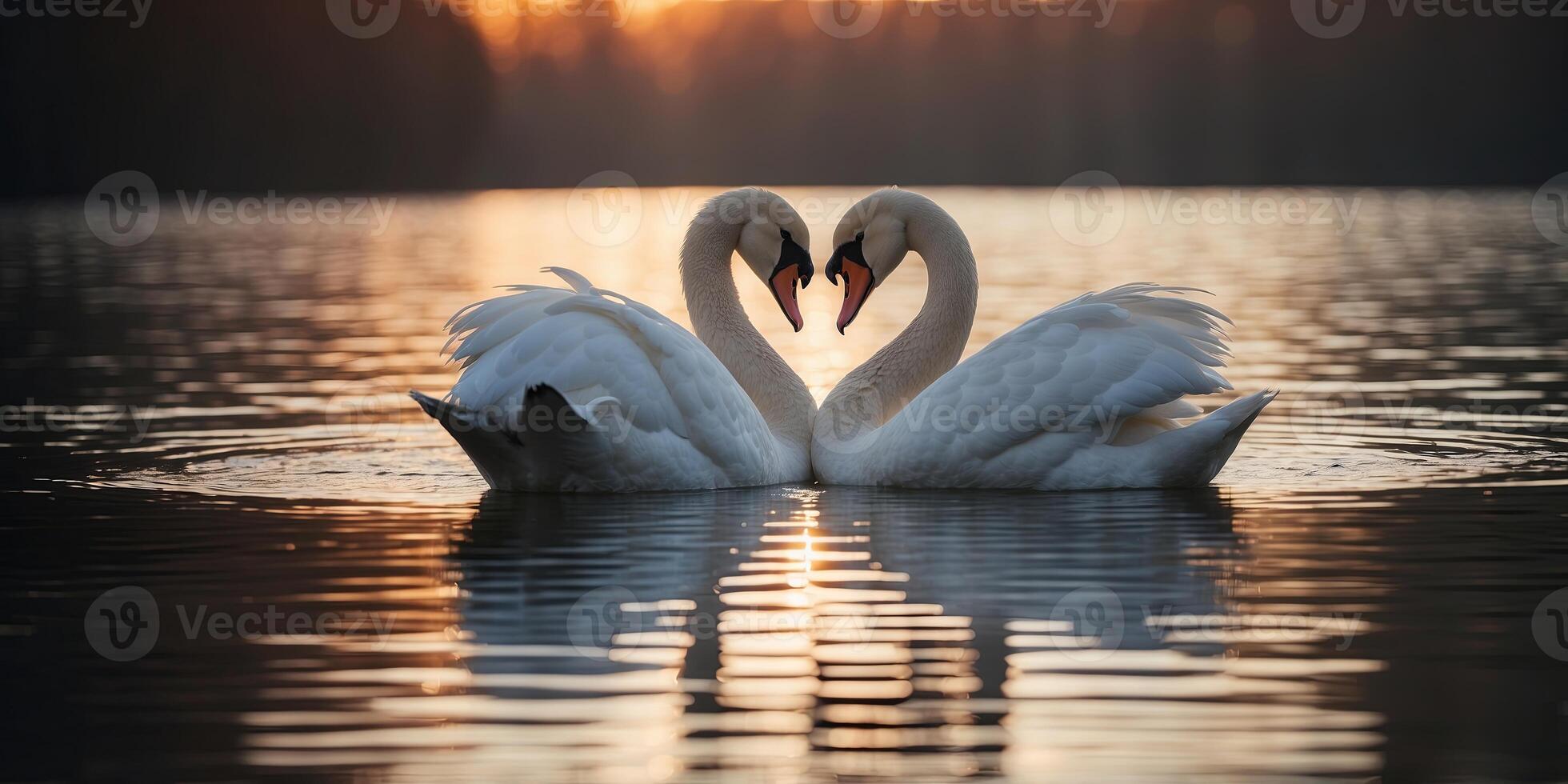 Two swans forming a heart shape in a lake. photo