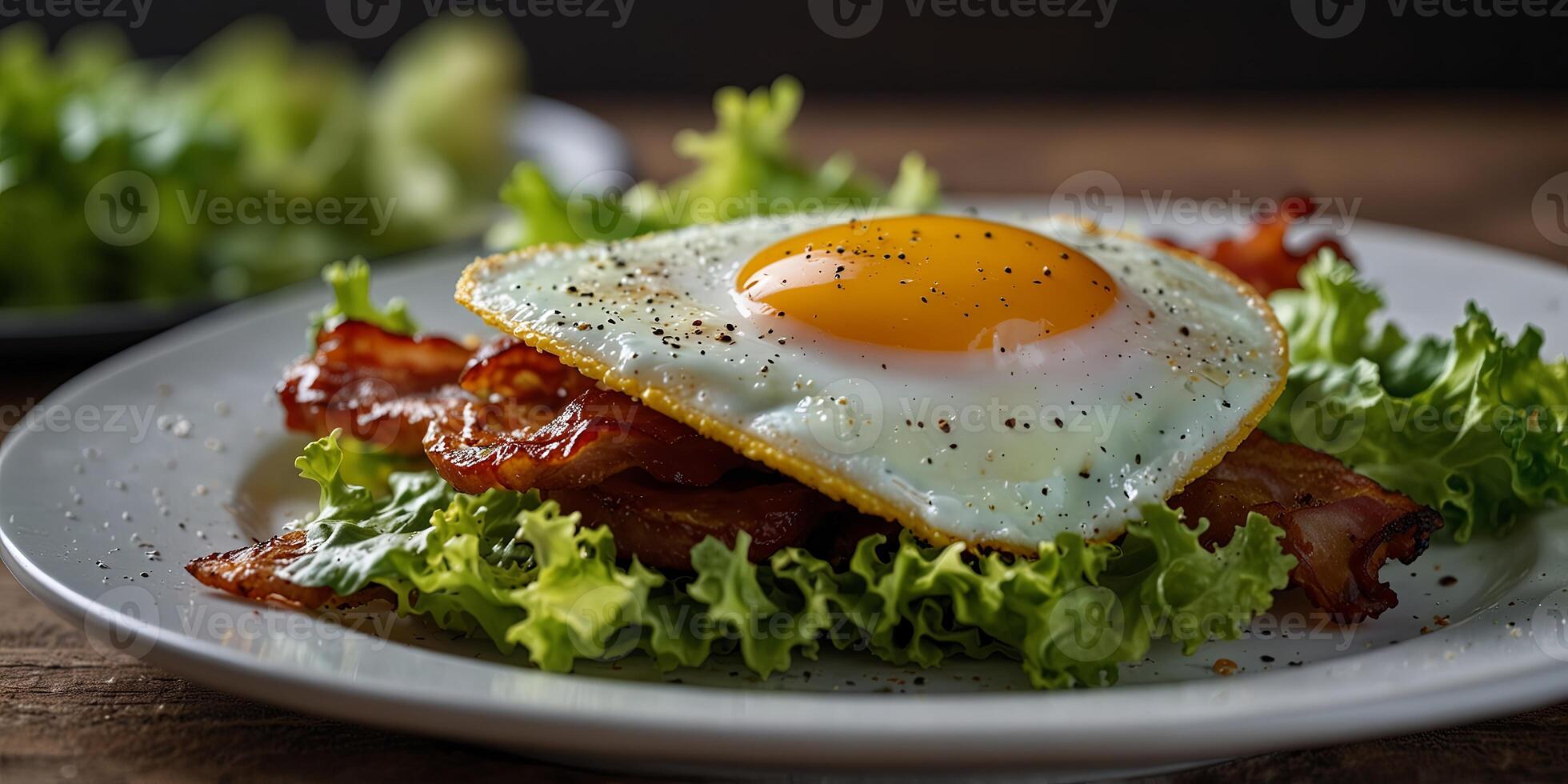 Delicious breakfast dish featuring a sunny side up egg crispy bacon and fresh lettuce on a plate with copy space image. photo