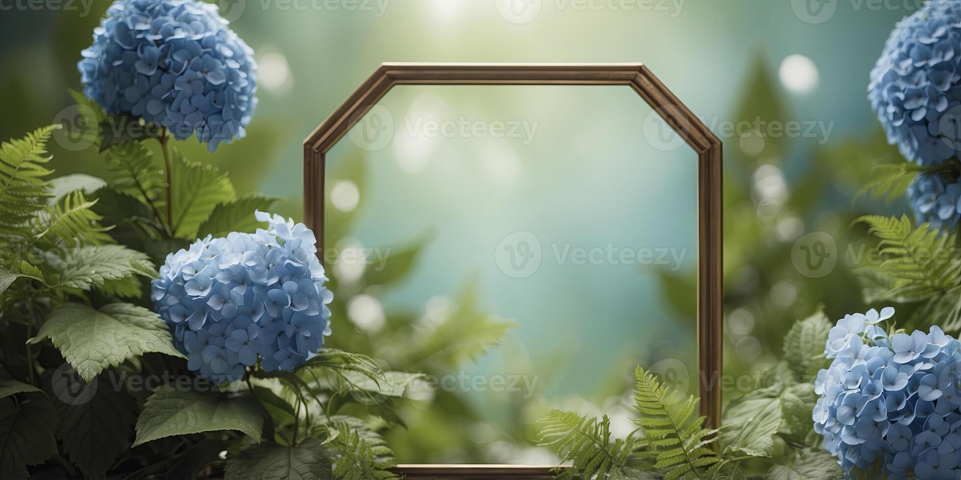 A hexagonal frame featuring thick clusters of hydrangeas and ferns blending lush greens and soft blues for a serene boho feel. photo